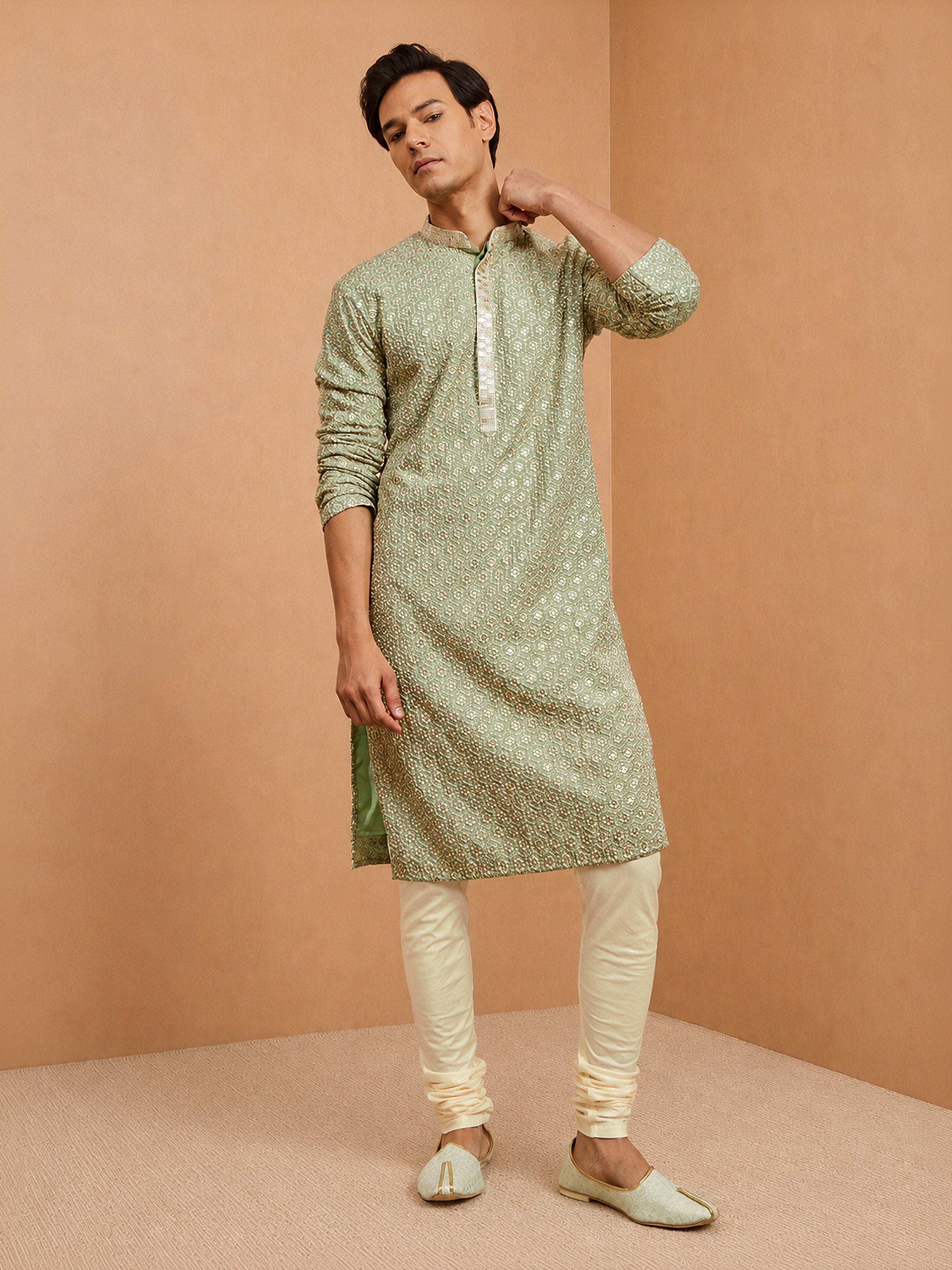 Men's Sage  Embroidered, Sequin Knee Length Kurta Pant Set with Churidar