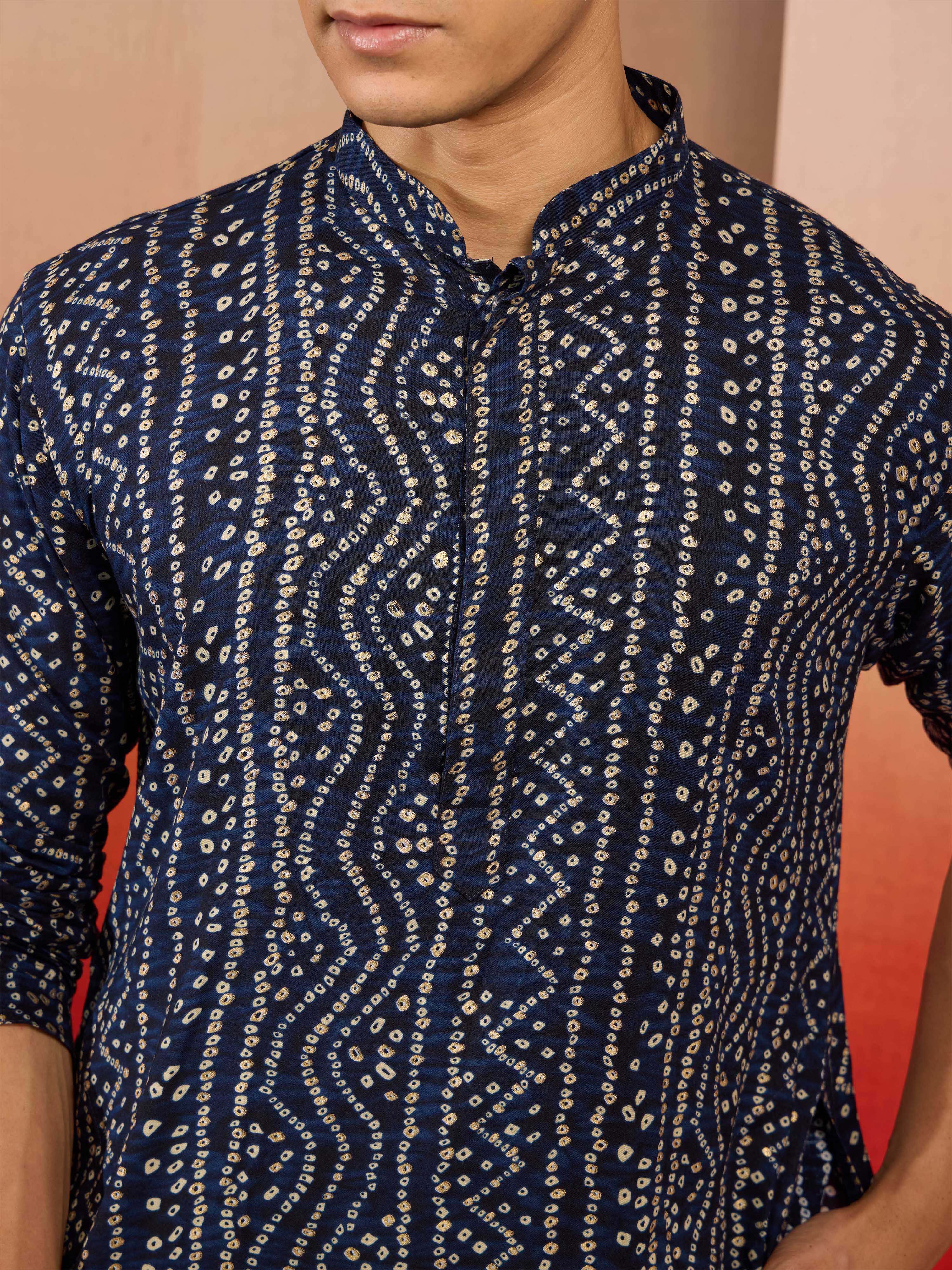Men's Navy Blue Bandhni Rayon Kurta Rakhi Gift Box for Brother | Premium Raksha Bandhan Gift