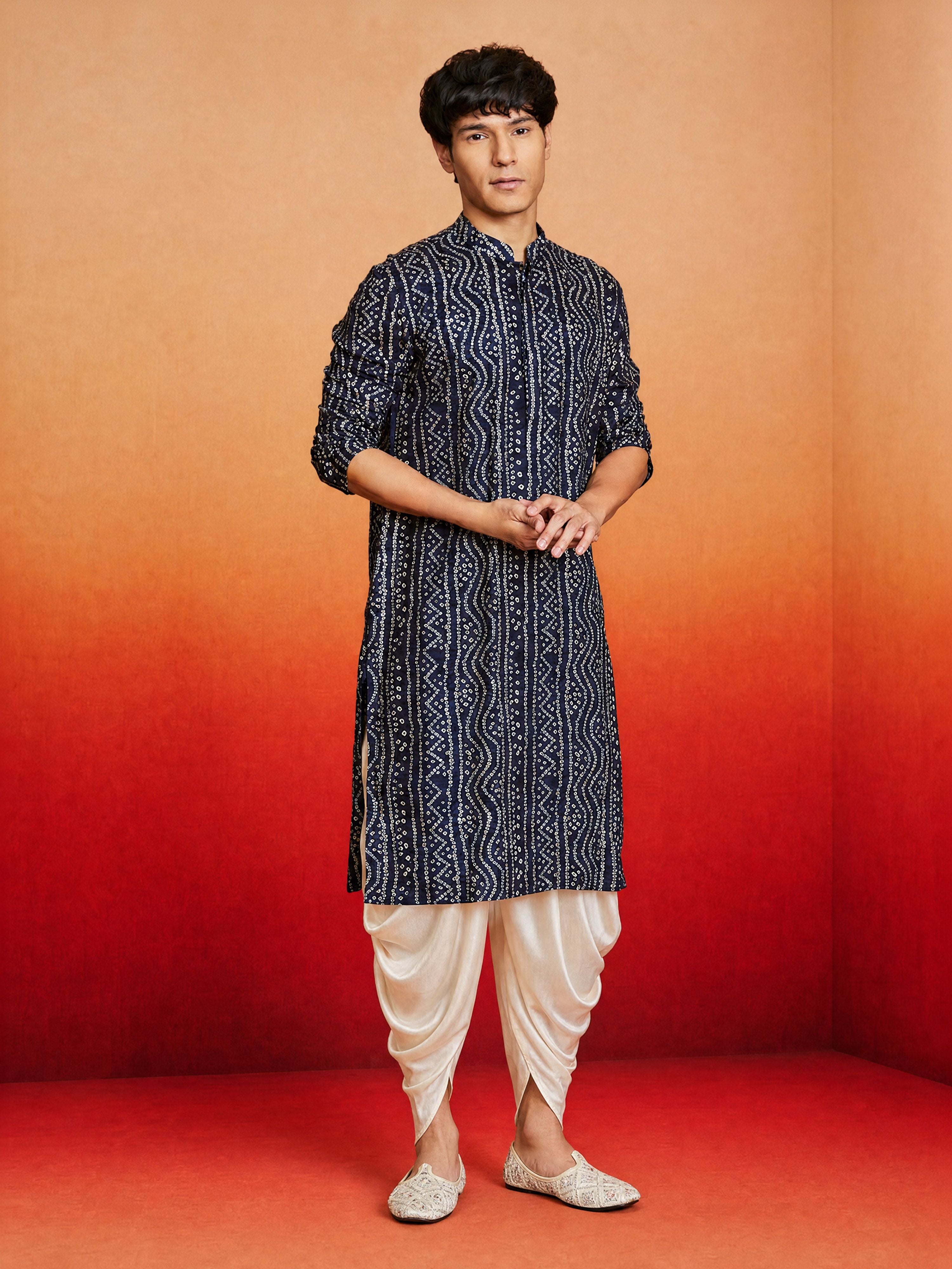 Men's Blue Rayon Digital Print Knee Length Kurta with Dhoti