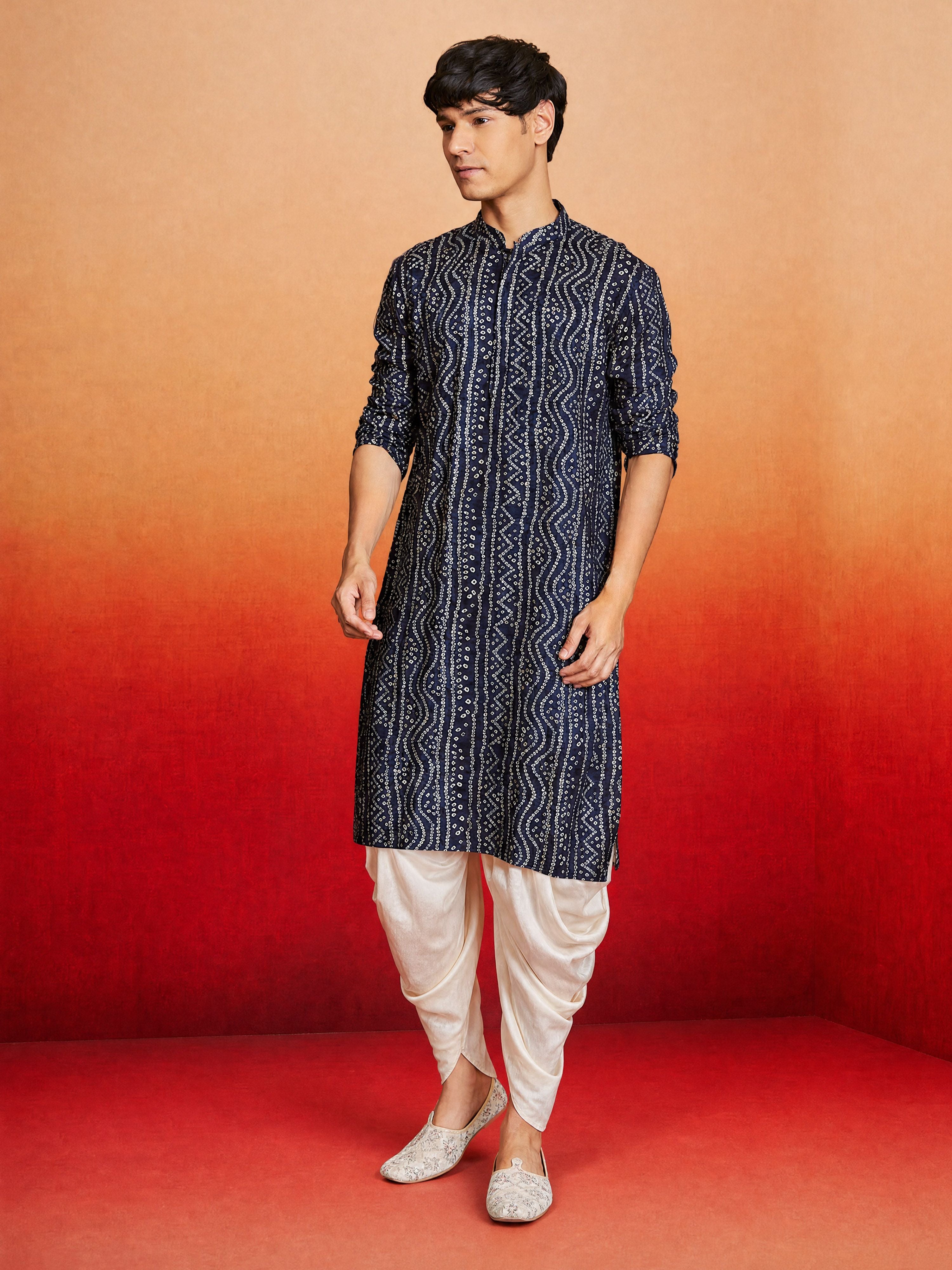 Men's Blue Rayon Digital Print Knee Length Kurta with Dhoti