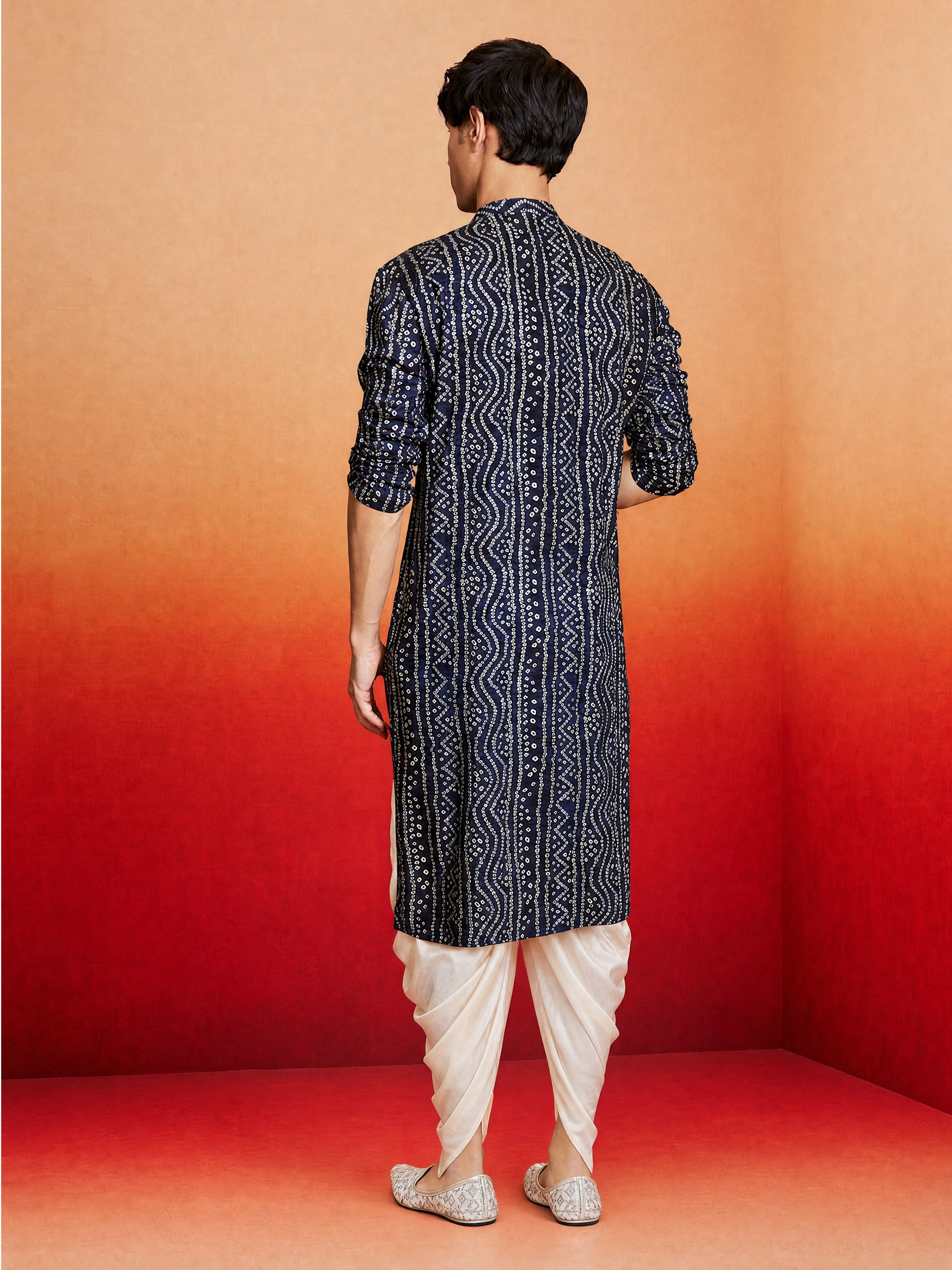 Men's Blue Rayon Digital Print Knee Length Kurta with Dhoti