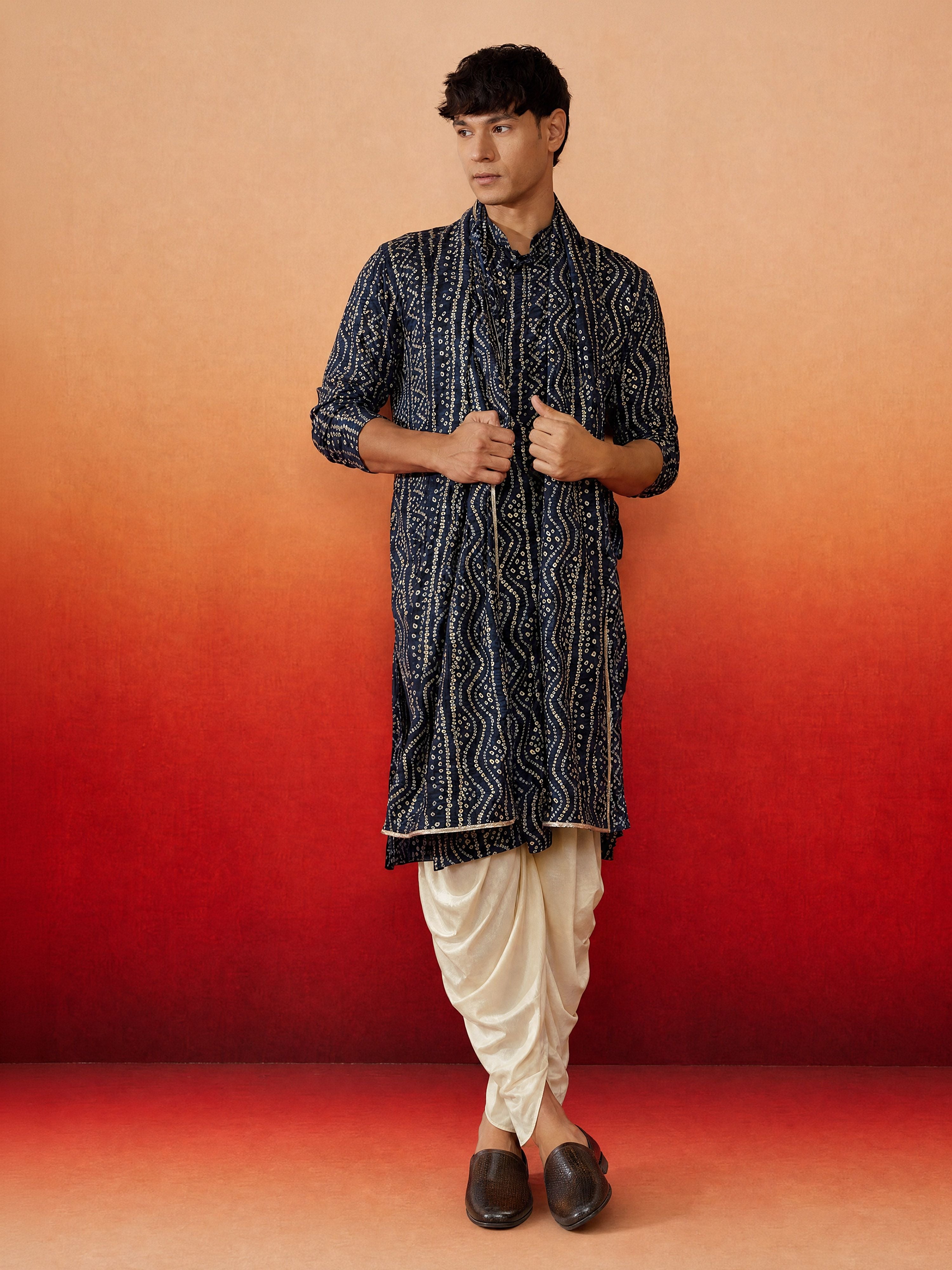 Men Blue Rayon Kurta & Dhoti with Dupatta Festive Ethnic Wear