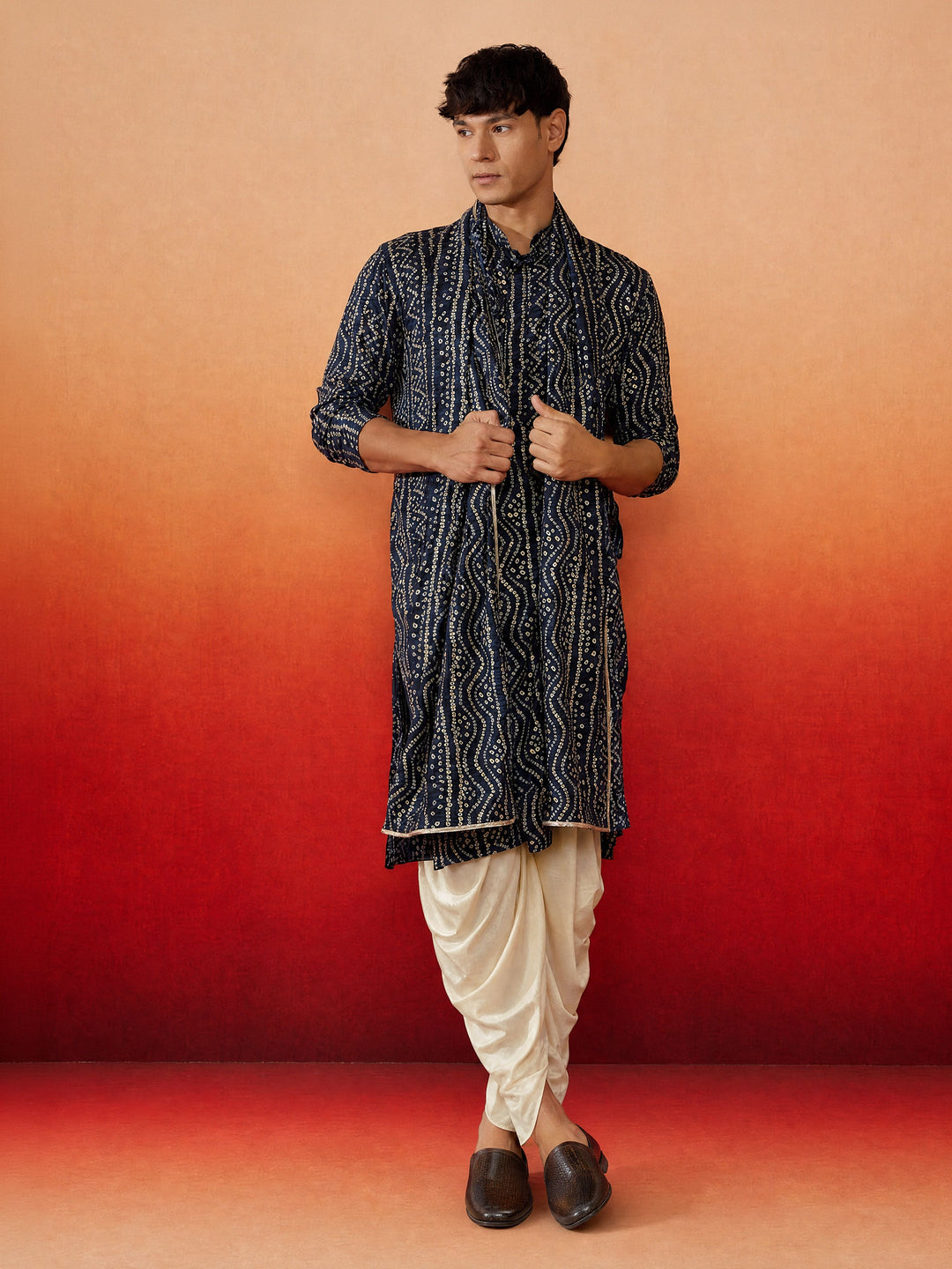 Men Blue Rayon Kurta & Dhoti with Dupatta Festive Ethnic Wear