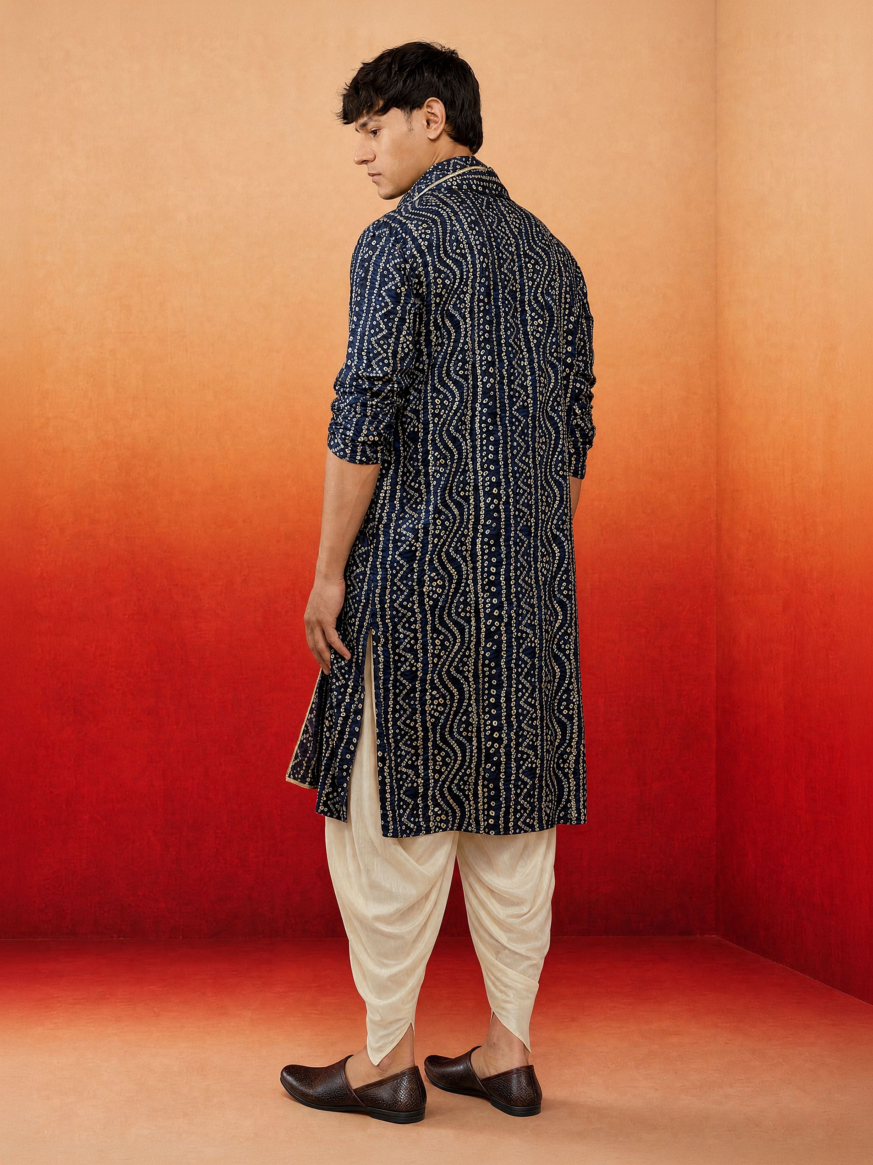 Men's Blue Rayon Bandhni Knee Length Kurta & Dhoti with Dupatta