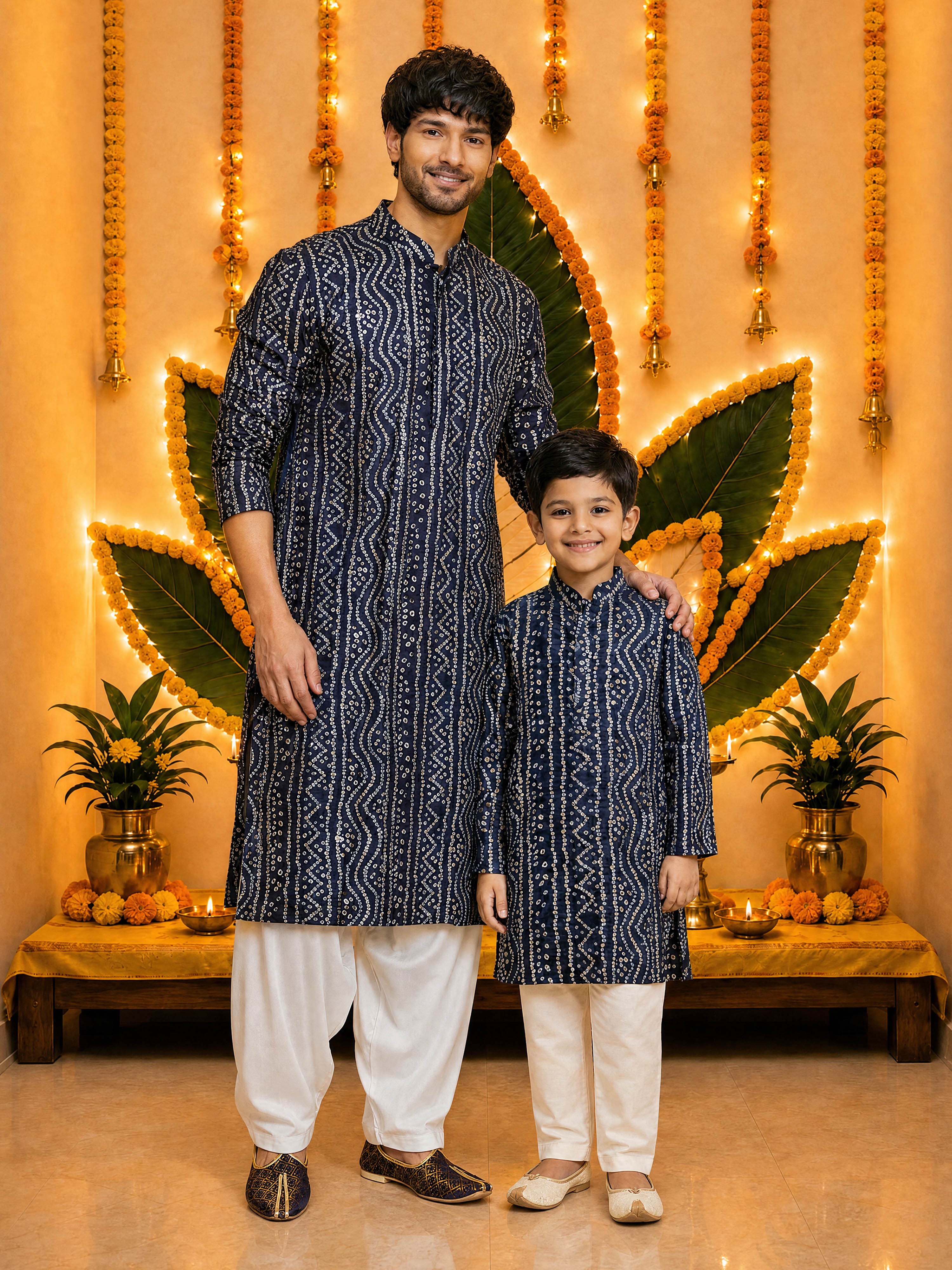 Boys Blue Rayon Bandhani Kurta Pyjama Set