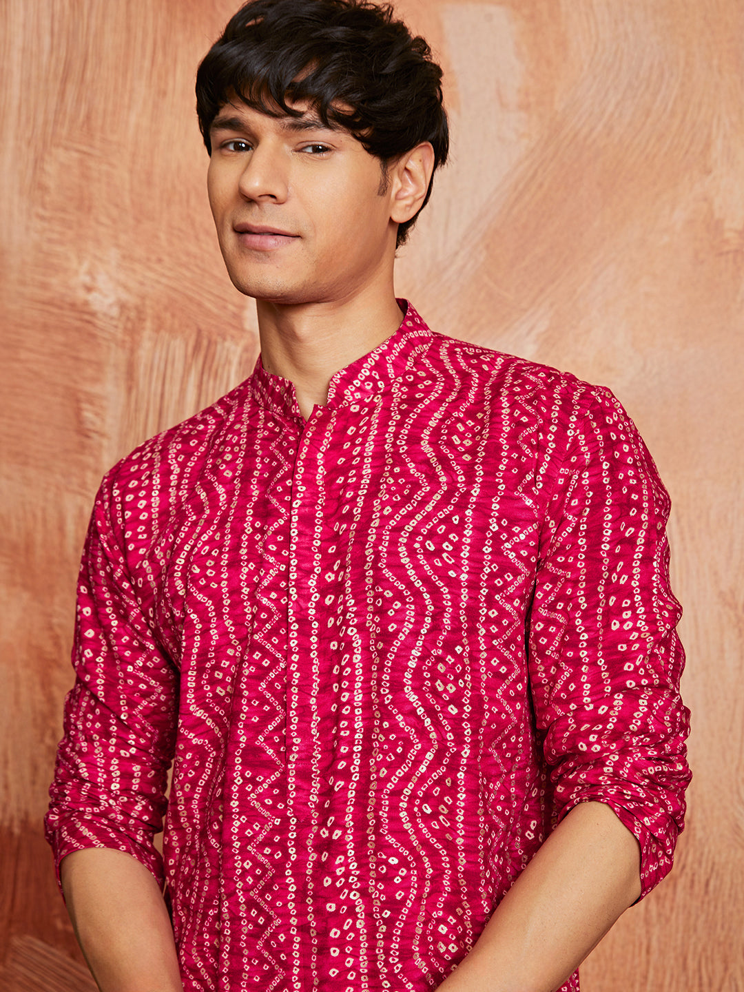Men's Pink Bandhni Rayon Kurta Rakhi Gift Box for Brother | Includes Rakhi & Gift Box