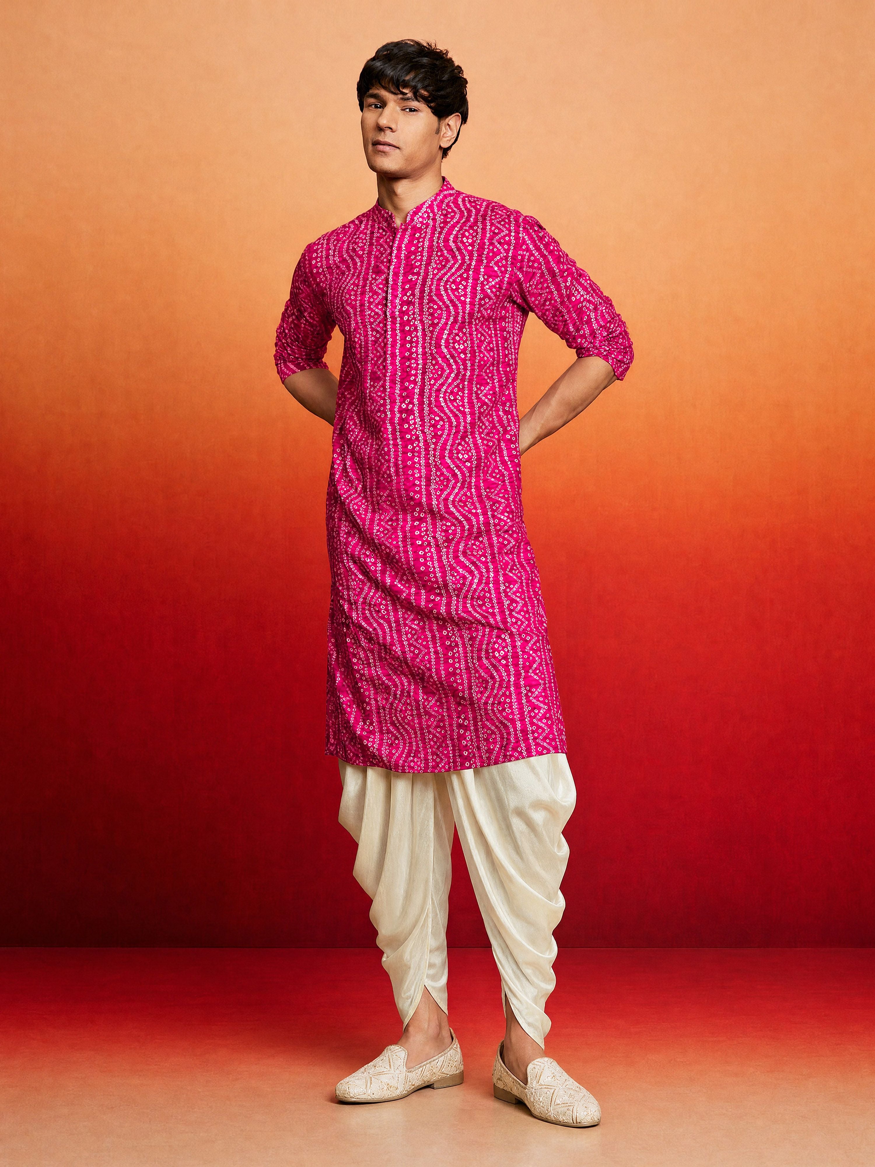 Men's Purple Rayon Digital Print Knee Length Kurta with Dhoti