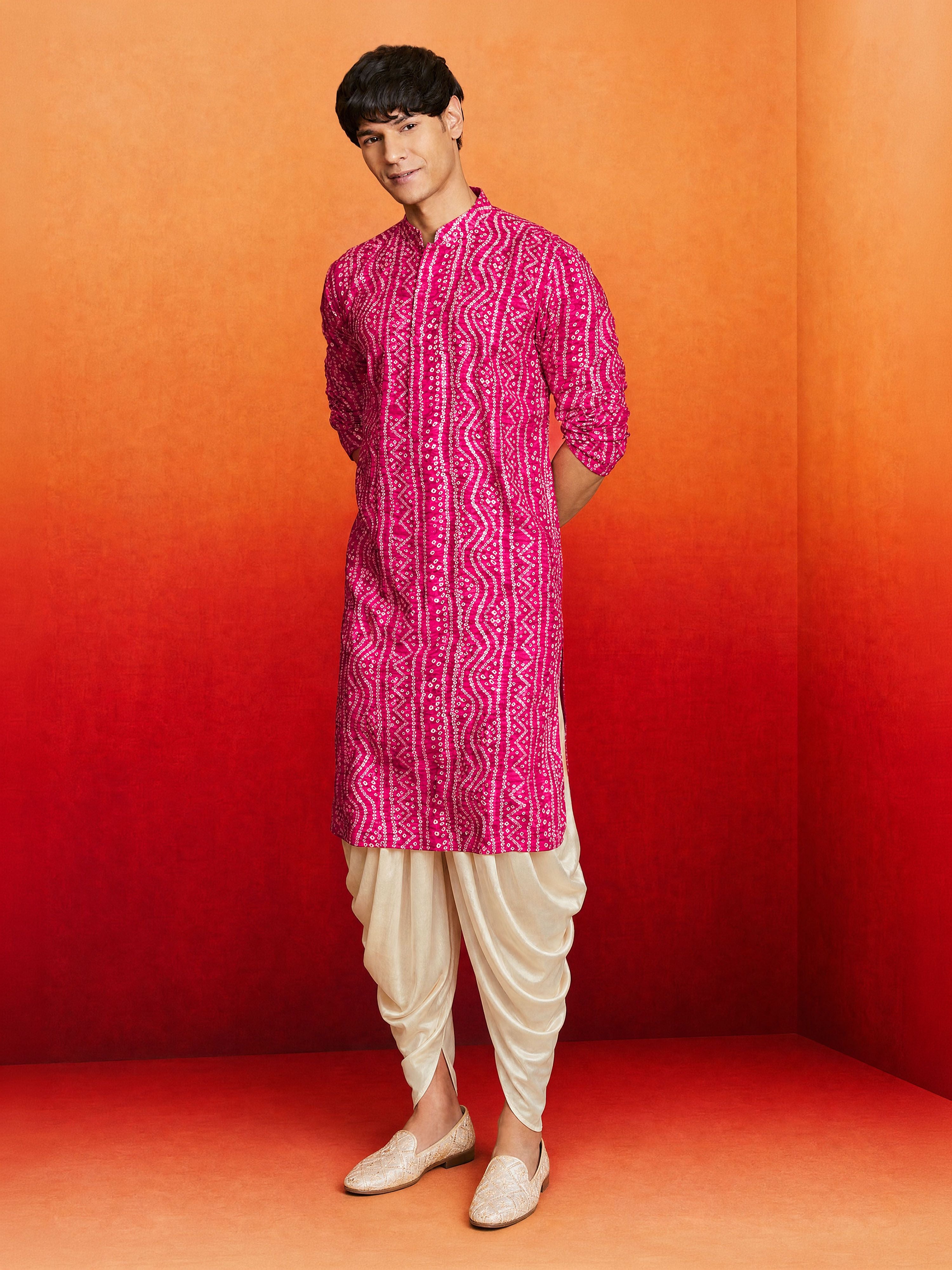 Men's Purple Rayon Digital Print Knee Length Kurta with Dhoti