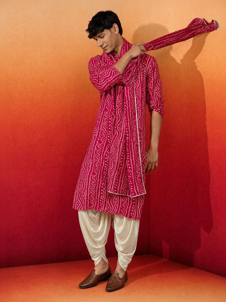 Men Pink Rayon Kurta Dhoti Set with Dupatta Festive, Diwali Ethnic Wear