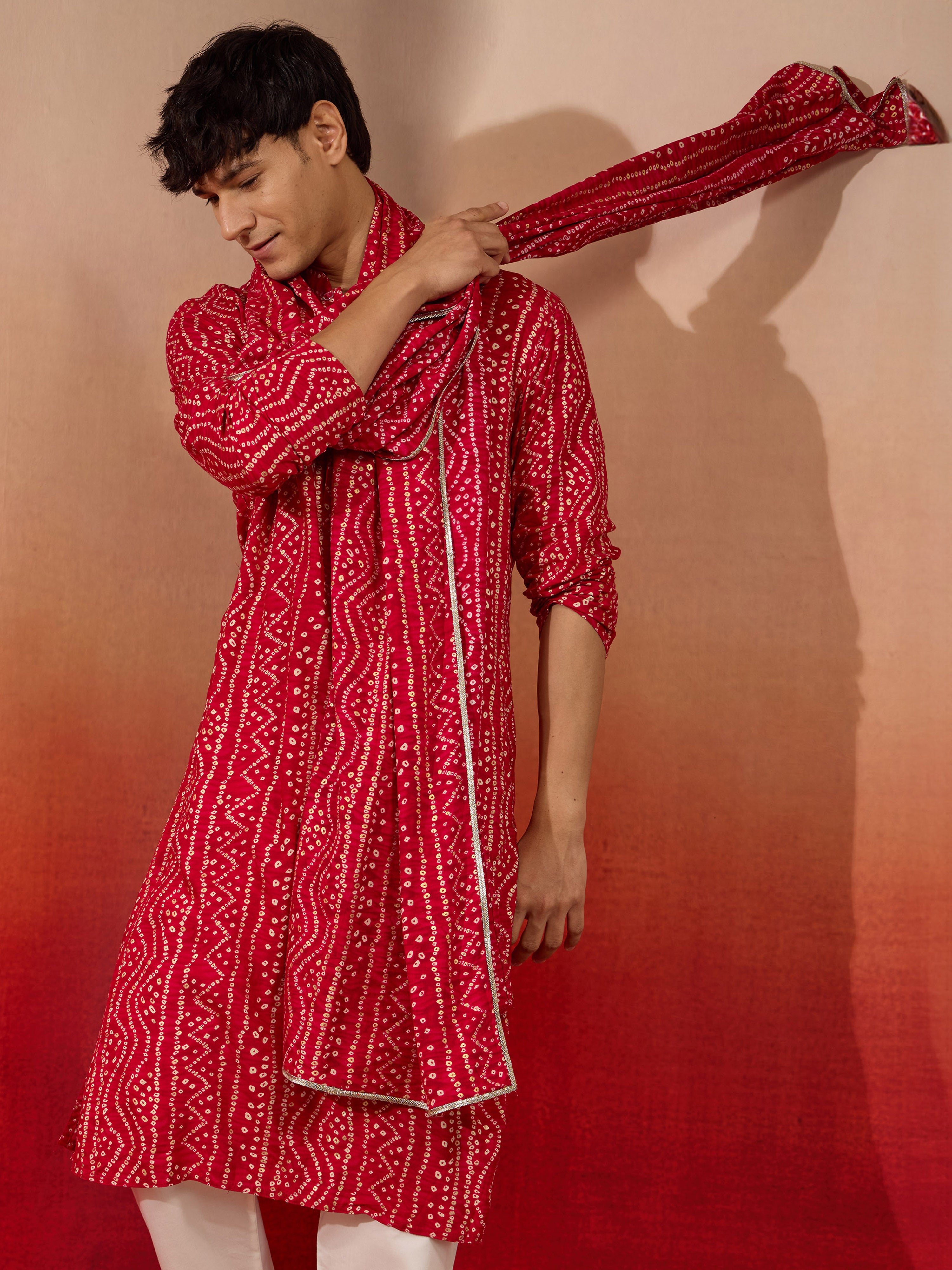 Men's Falsa Bandhani Print Kurta with Matching Falsa Rayon Dupatta Set