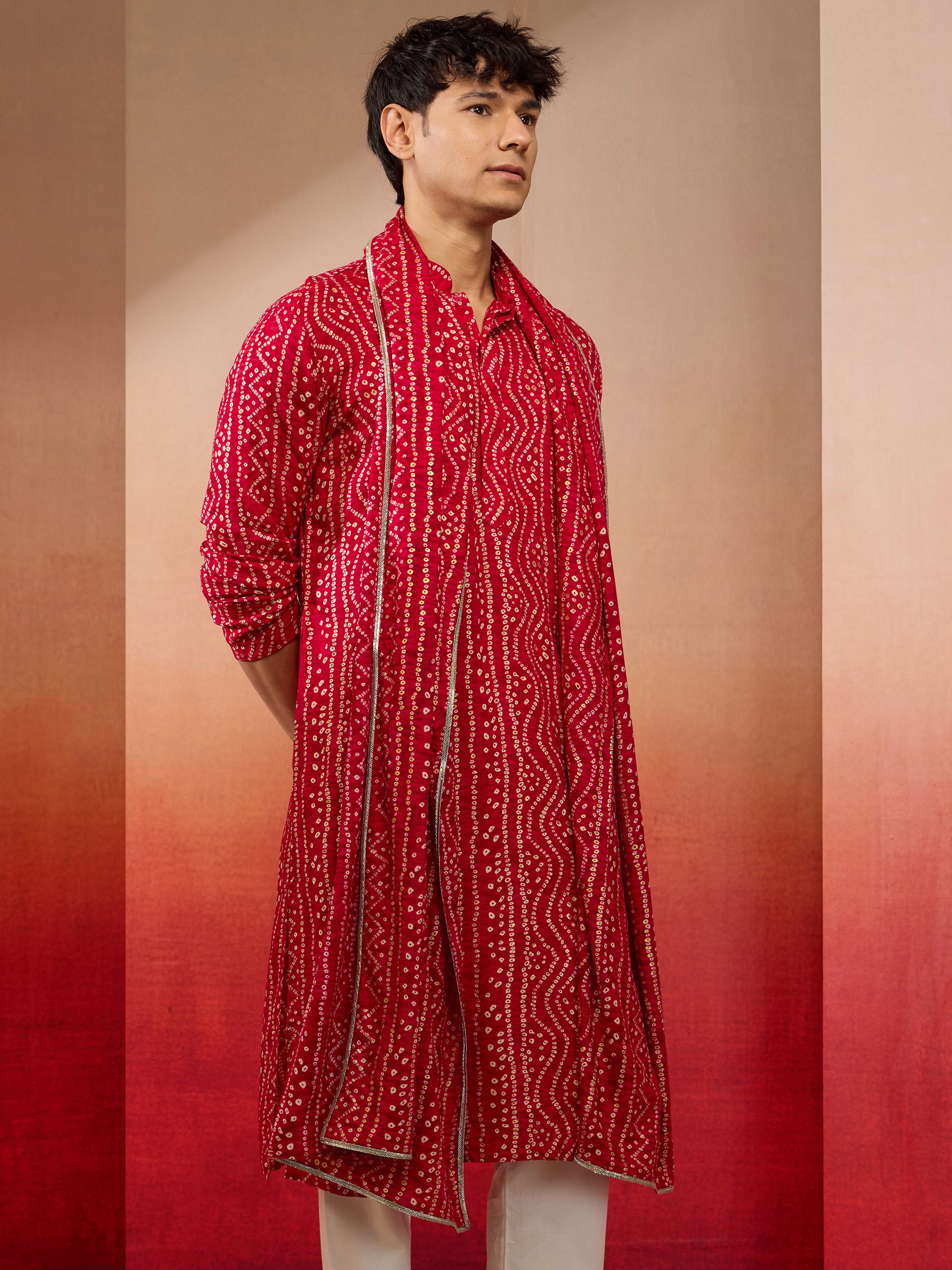 Men's Falsa Bandhani Print Kurta with Matching Falsa Rayon Dupatta Set
