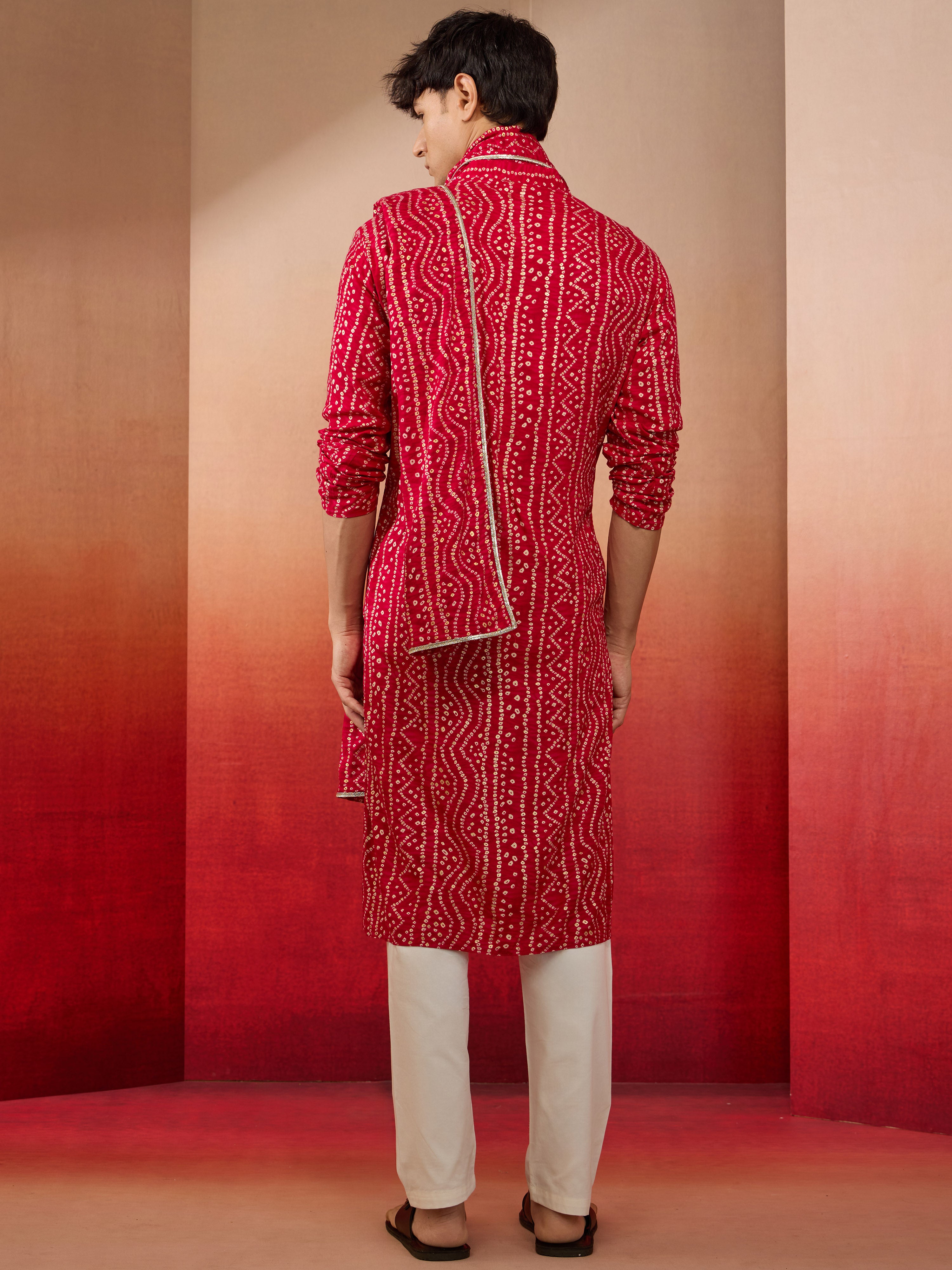 Mens Falsa Bandhani Kurta Set with Cream Pant and Dupatta