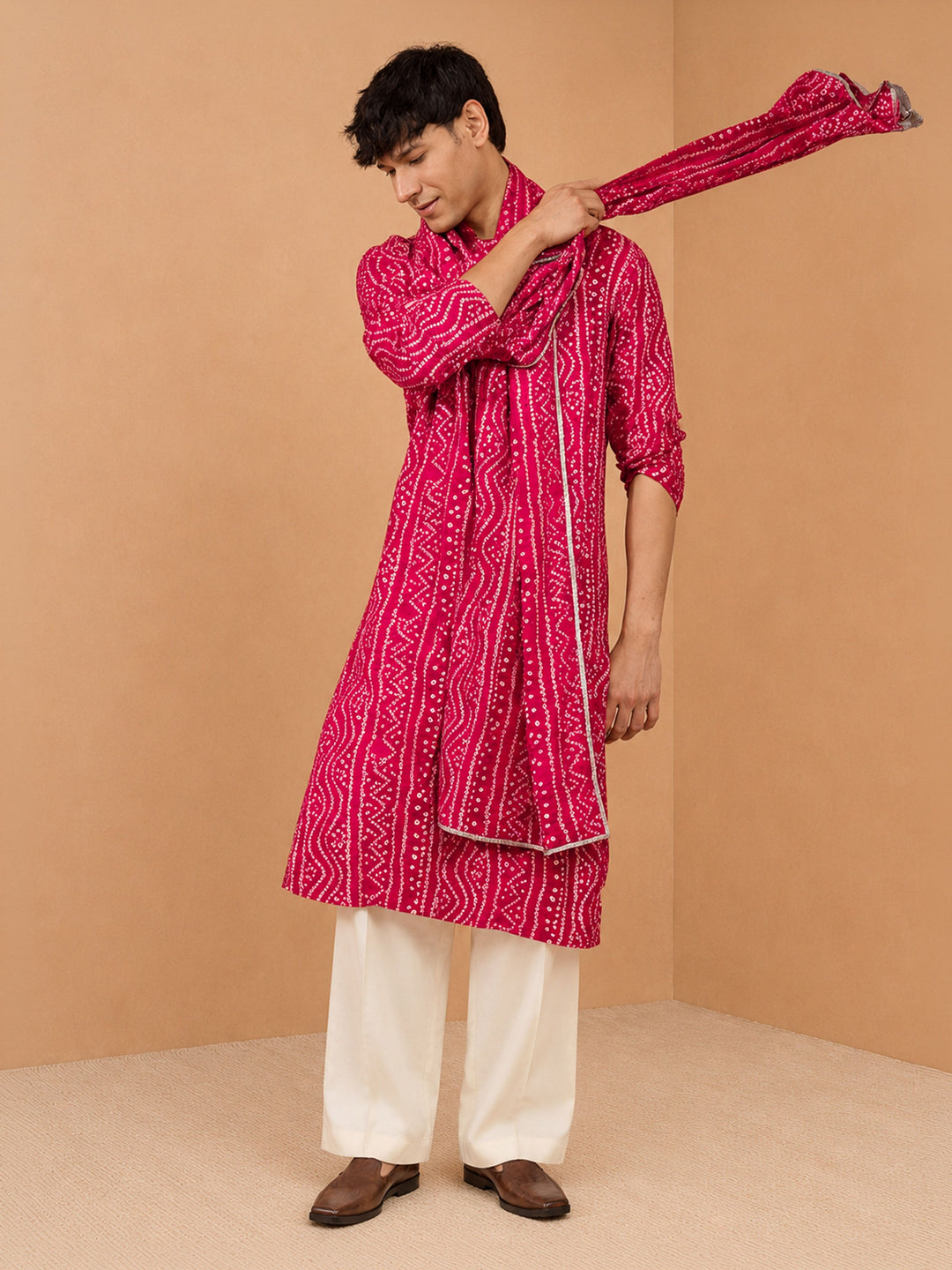 Men Fuchsia Rayon Kurta &amp; Palazzo Pant with Dupatta Festive, Diwali Ethnic Wear