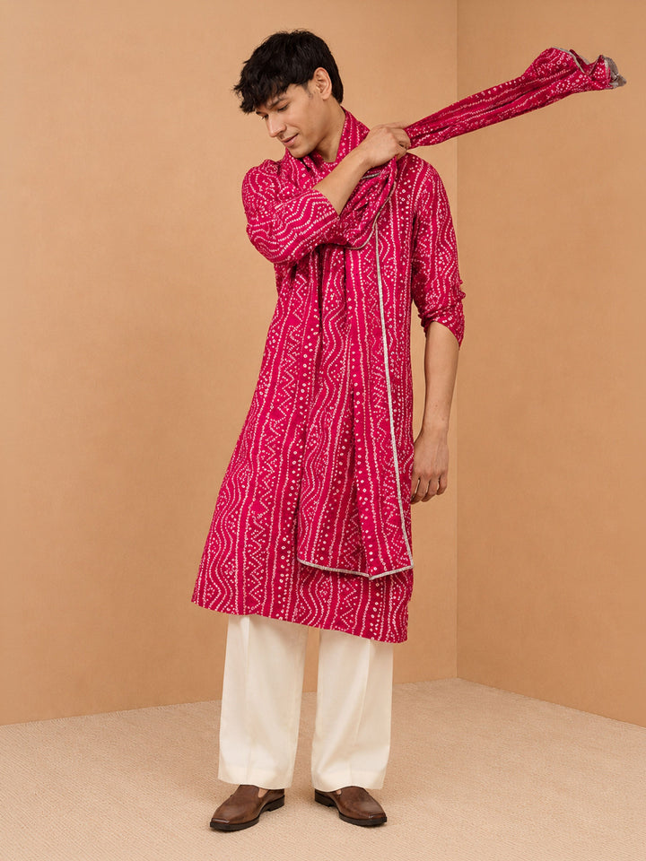 Men Fuchsia Rayon Kurta &amp; Palazzo Pant with Dupatta Festive, Diwali Ethnic Wear