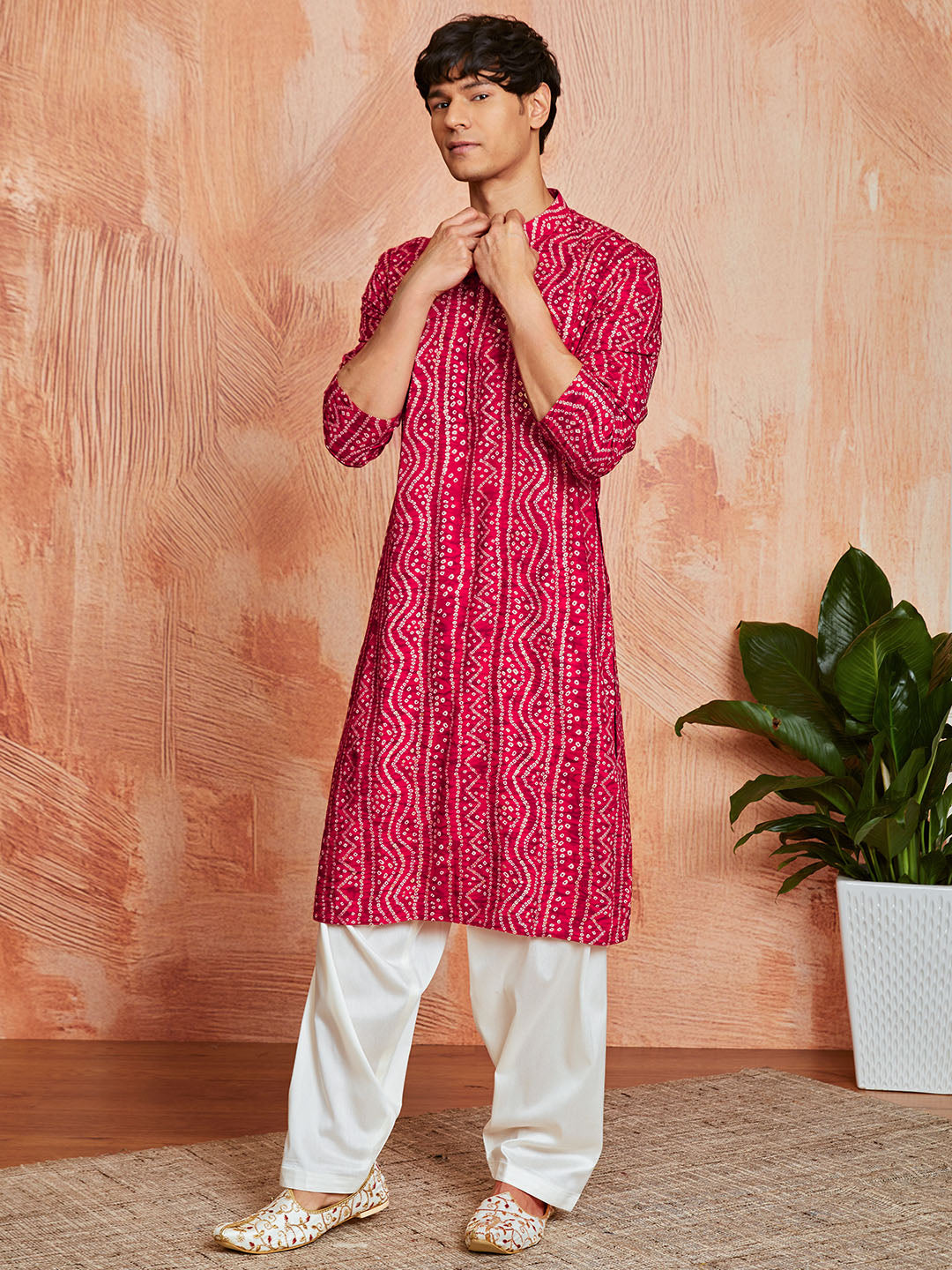 Men's Pink Rayon Kurta And Patyala Set