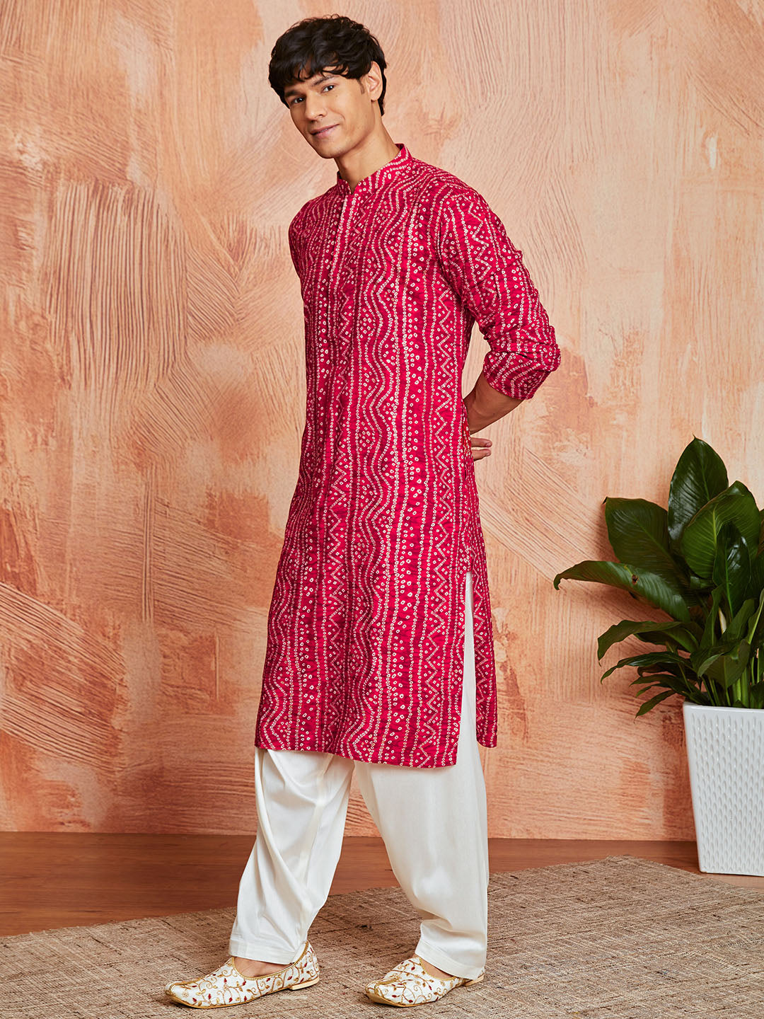 Men's Pink Rayon Kurta And Patyala Set