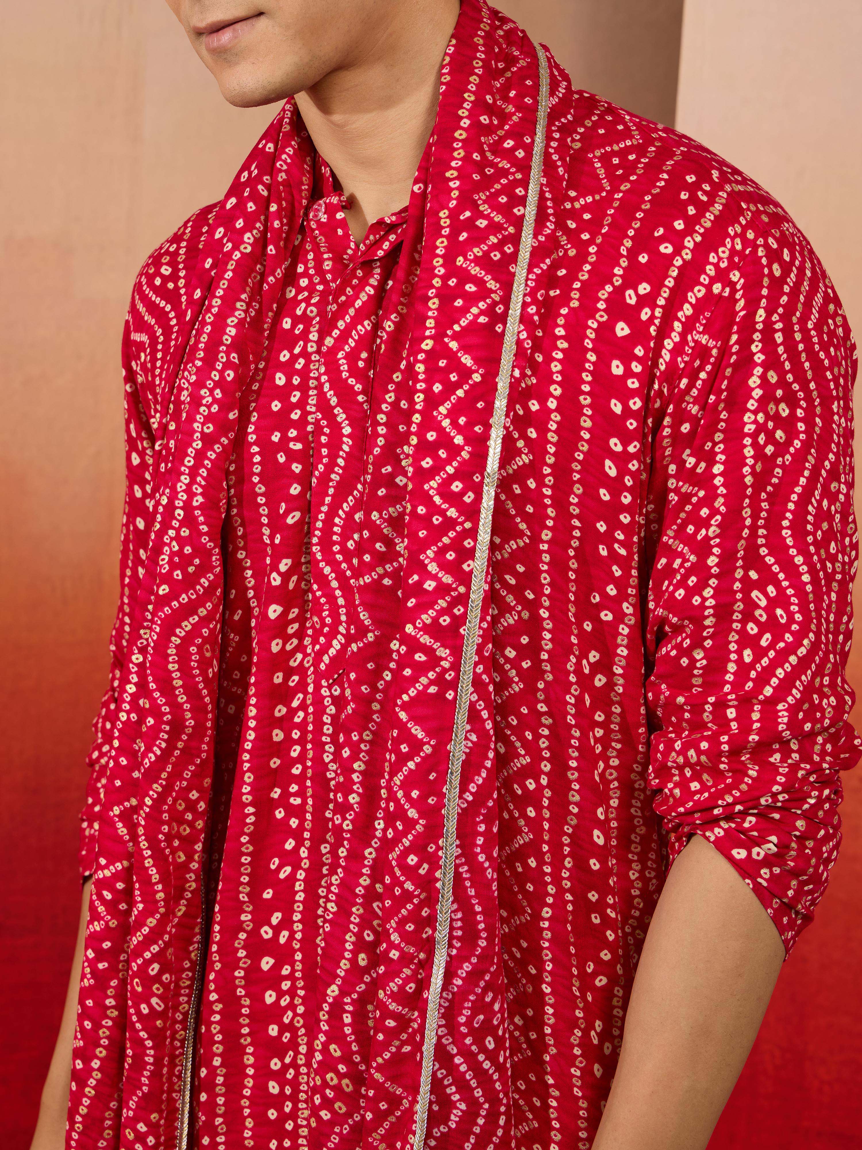 Men's Falsa Bandhani Print Kurta Set With Dupatta