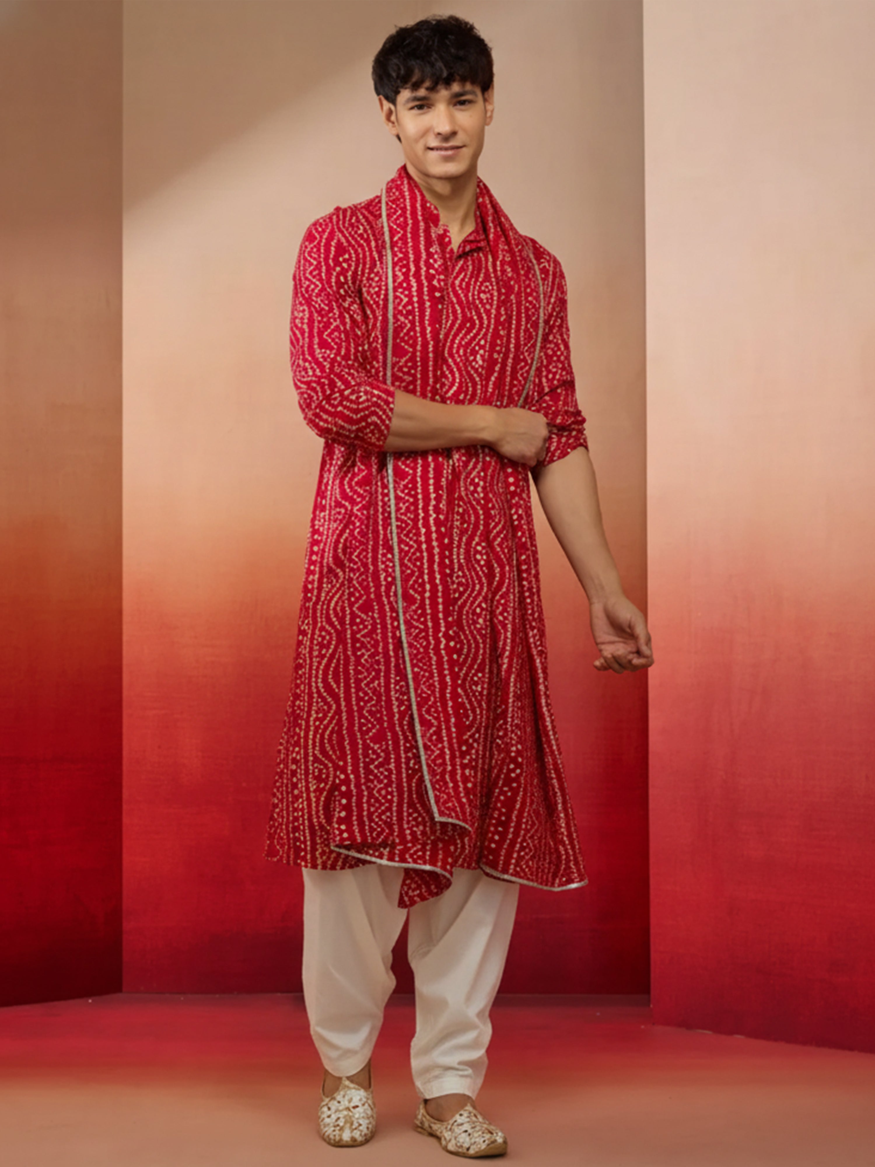 Men's Falsa Bandhani Print Kurta Set With Dupatta