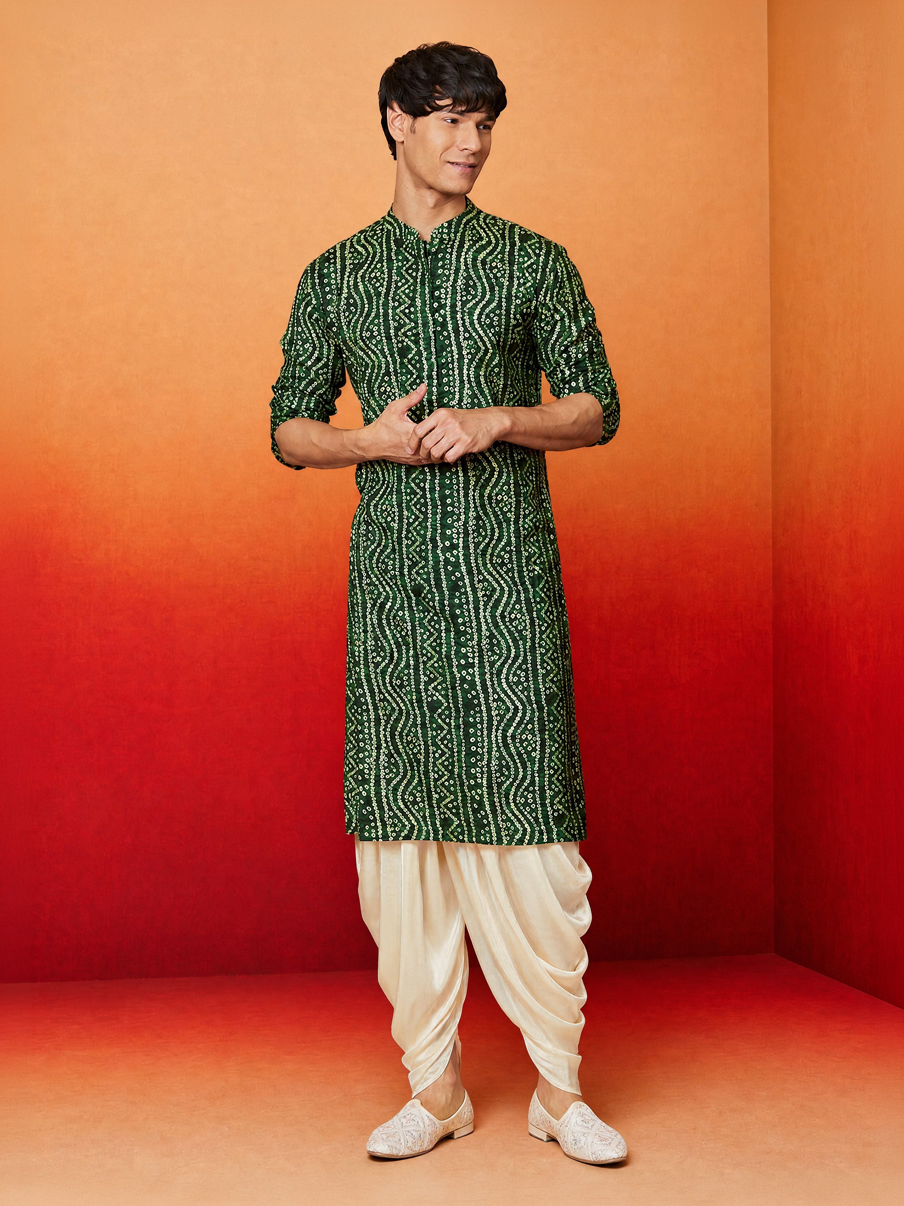 Men's Green Rayon Digital Print Knee Length Kurta with Dhoti