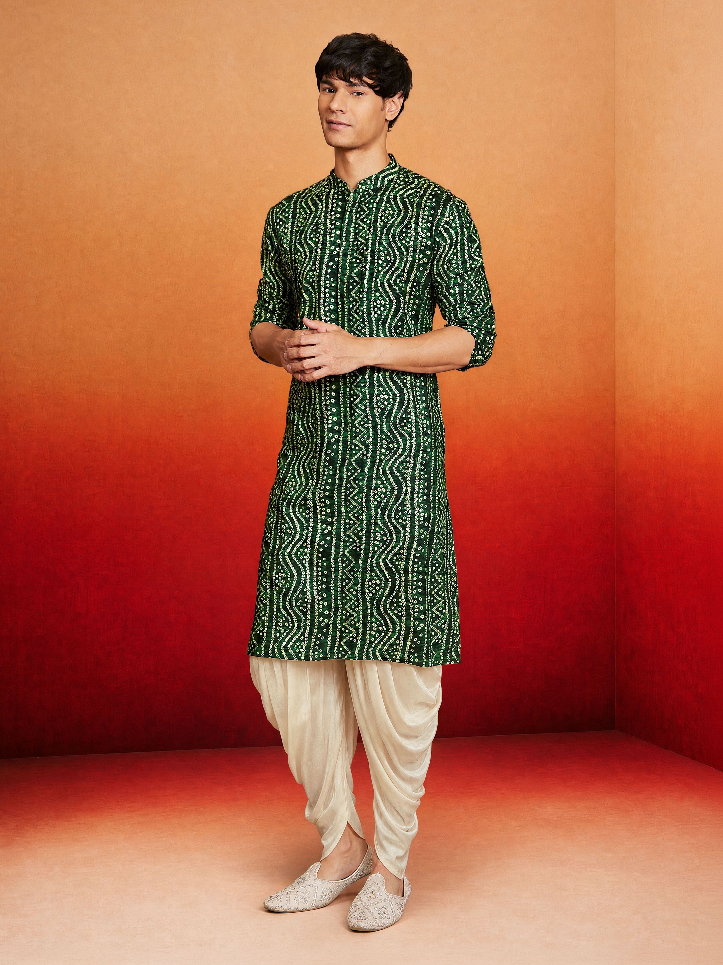 Men's Green Rayon Digital Print Knee Length Kurta with Dhoti