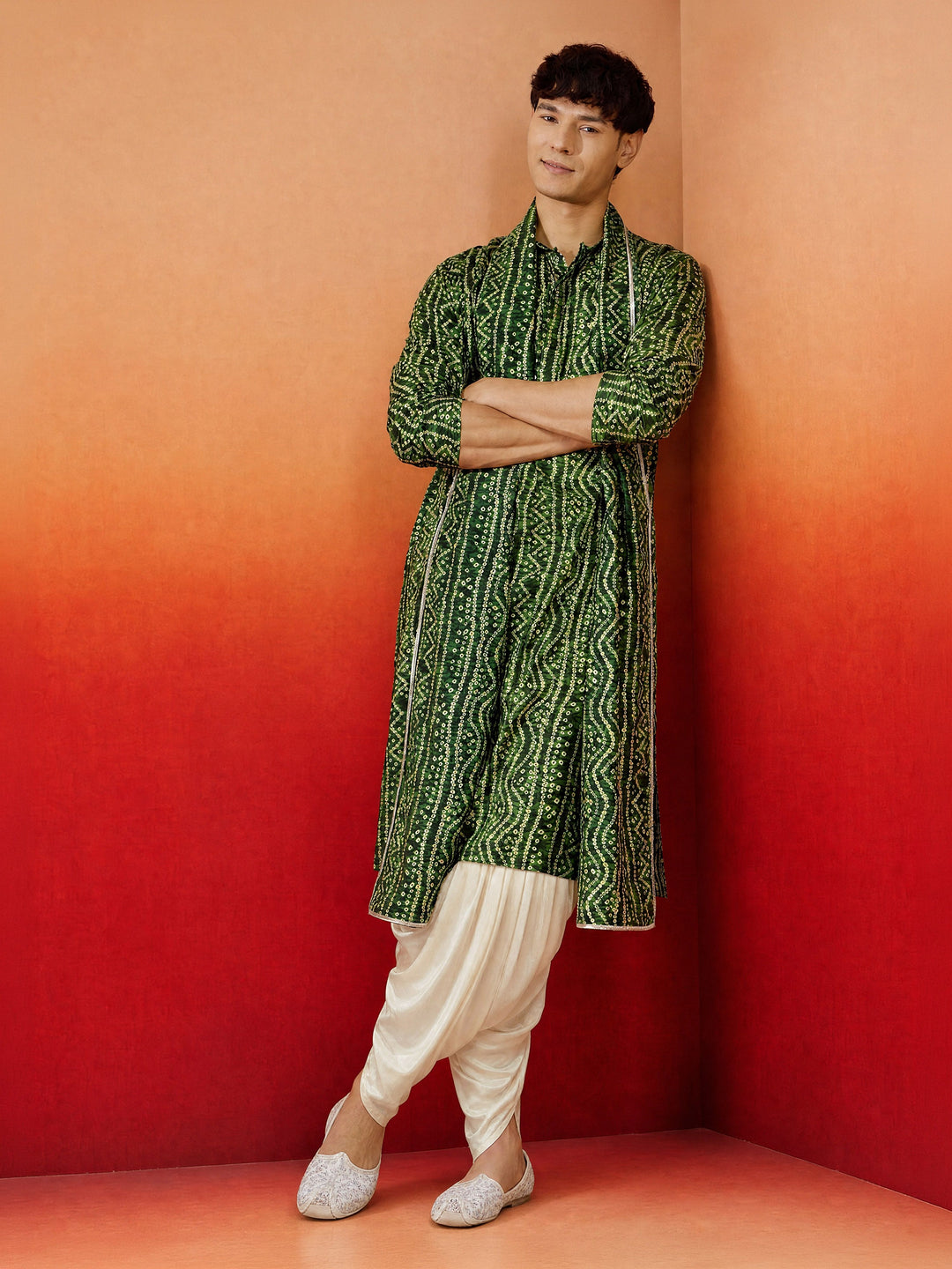 Men Green Rayon Kurta & Dhoti with Dupatta Festive Ethnic Wear