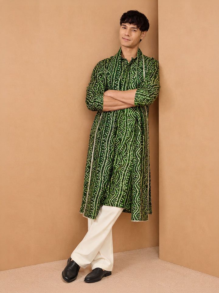 Men Green Rayon Kurta &amp; Palazzo Pant with Dupatta Festive, Diwali Ethnic Wear