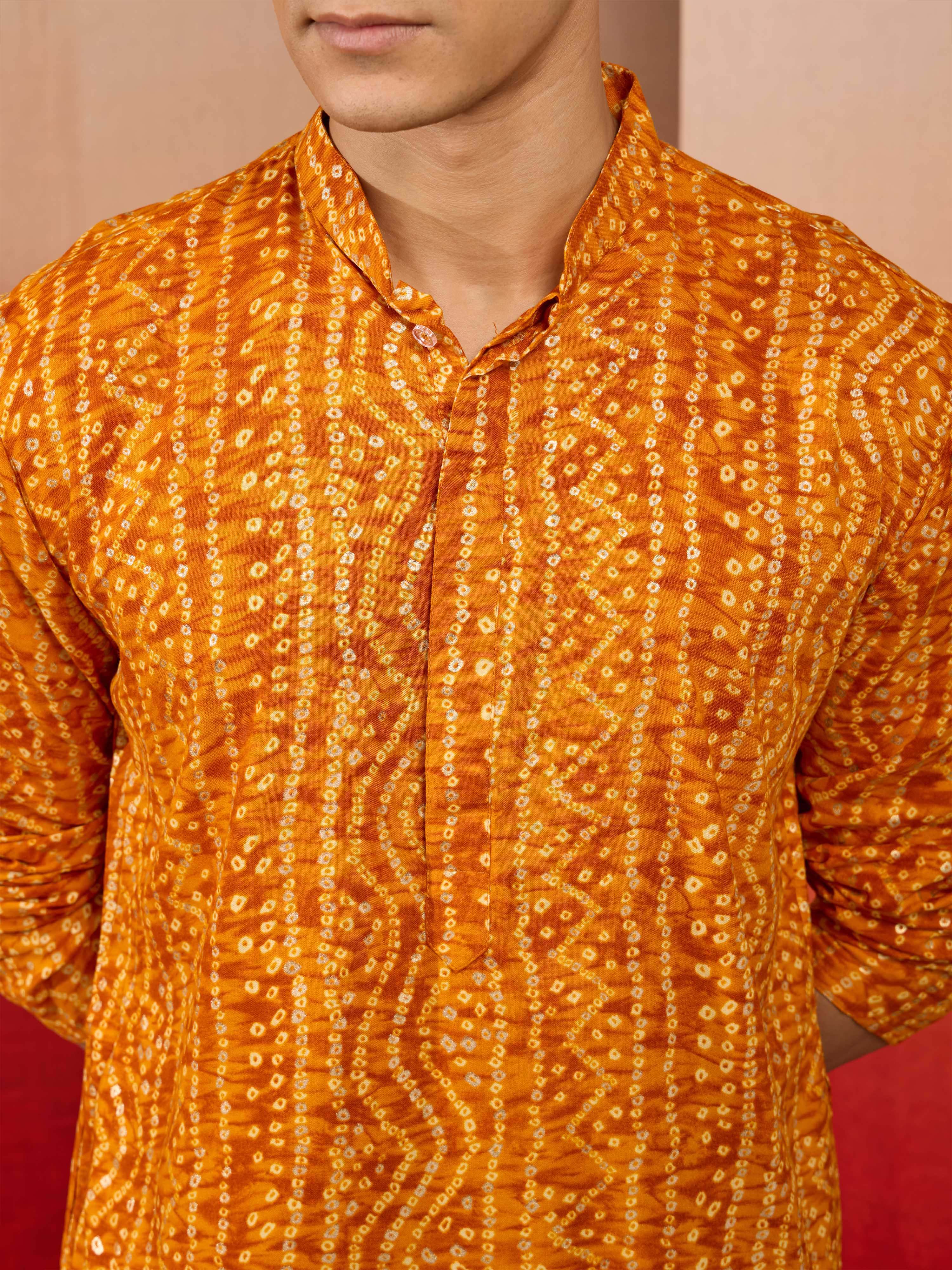 Men's Mustard Bandhni Rayon Kurta Rakhi Gift Box for Brother | Includes Rakhi