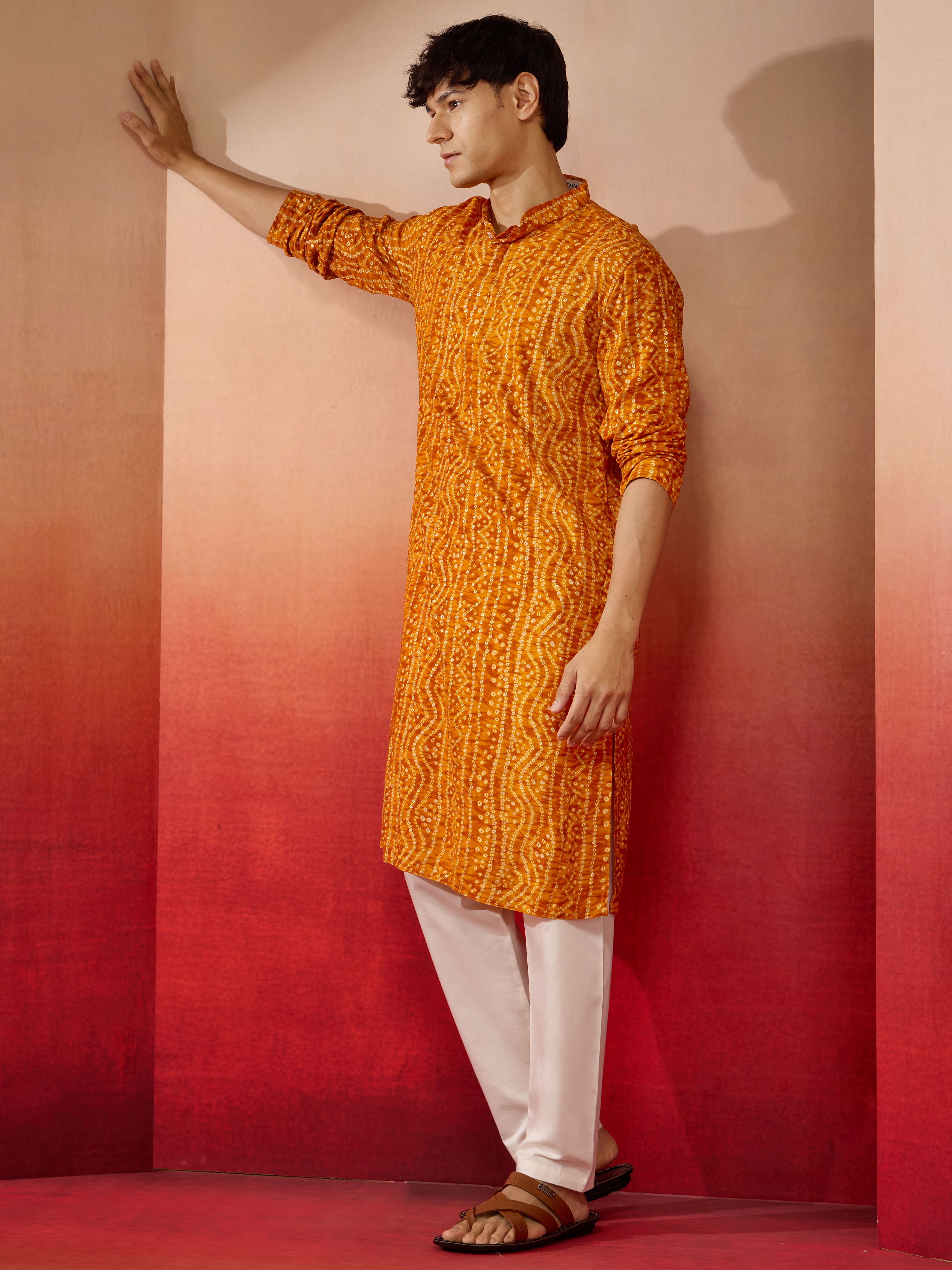 Men's Mustard Bandhni Rayon Kurta Rakhi Gift Box for Brother | Includes Rakhi