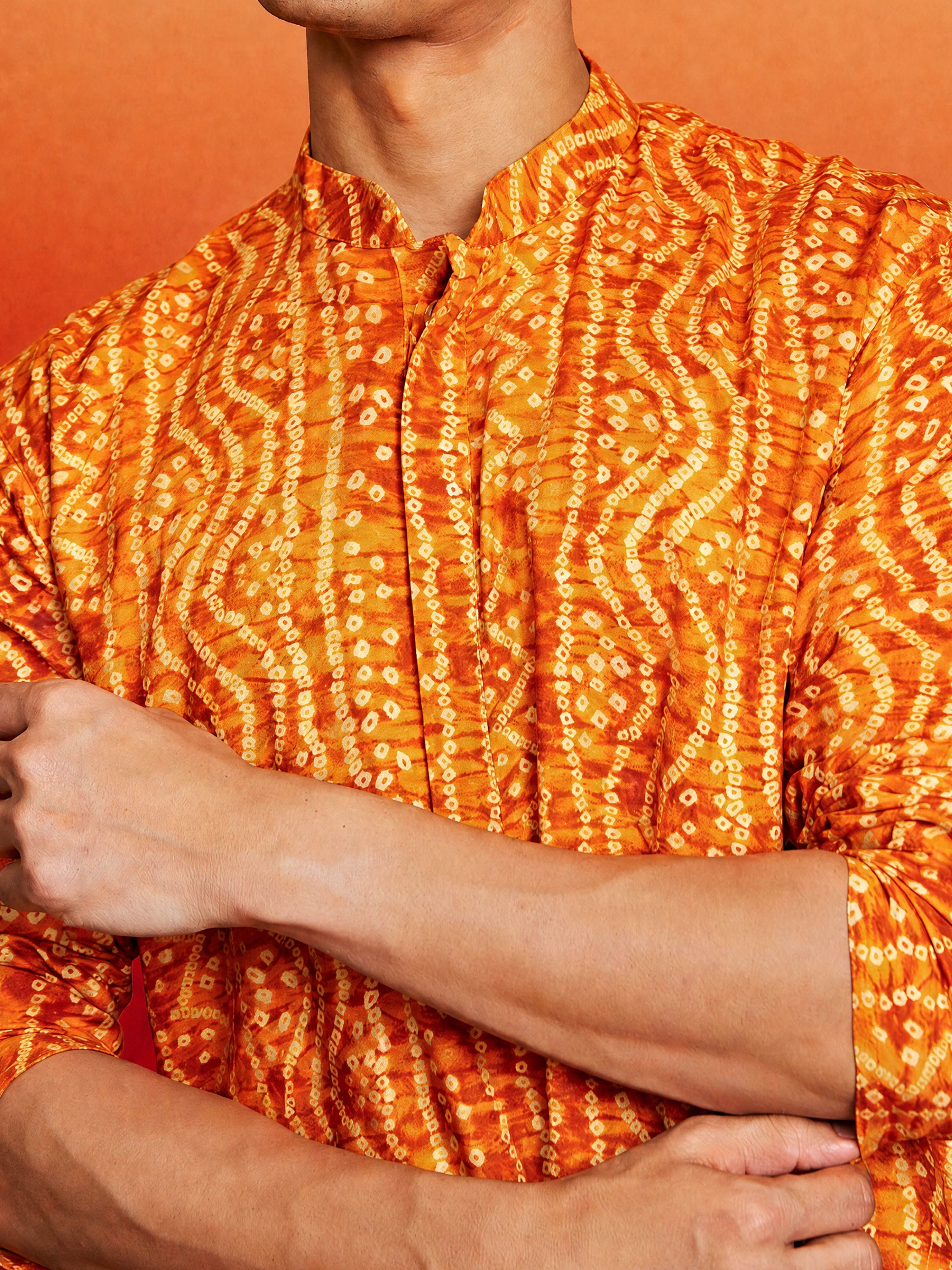 Men's Mustard Rayon Digital Print Knee Length Kurta with Dhoti