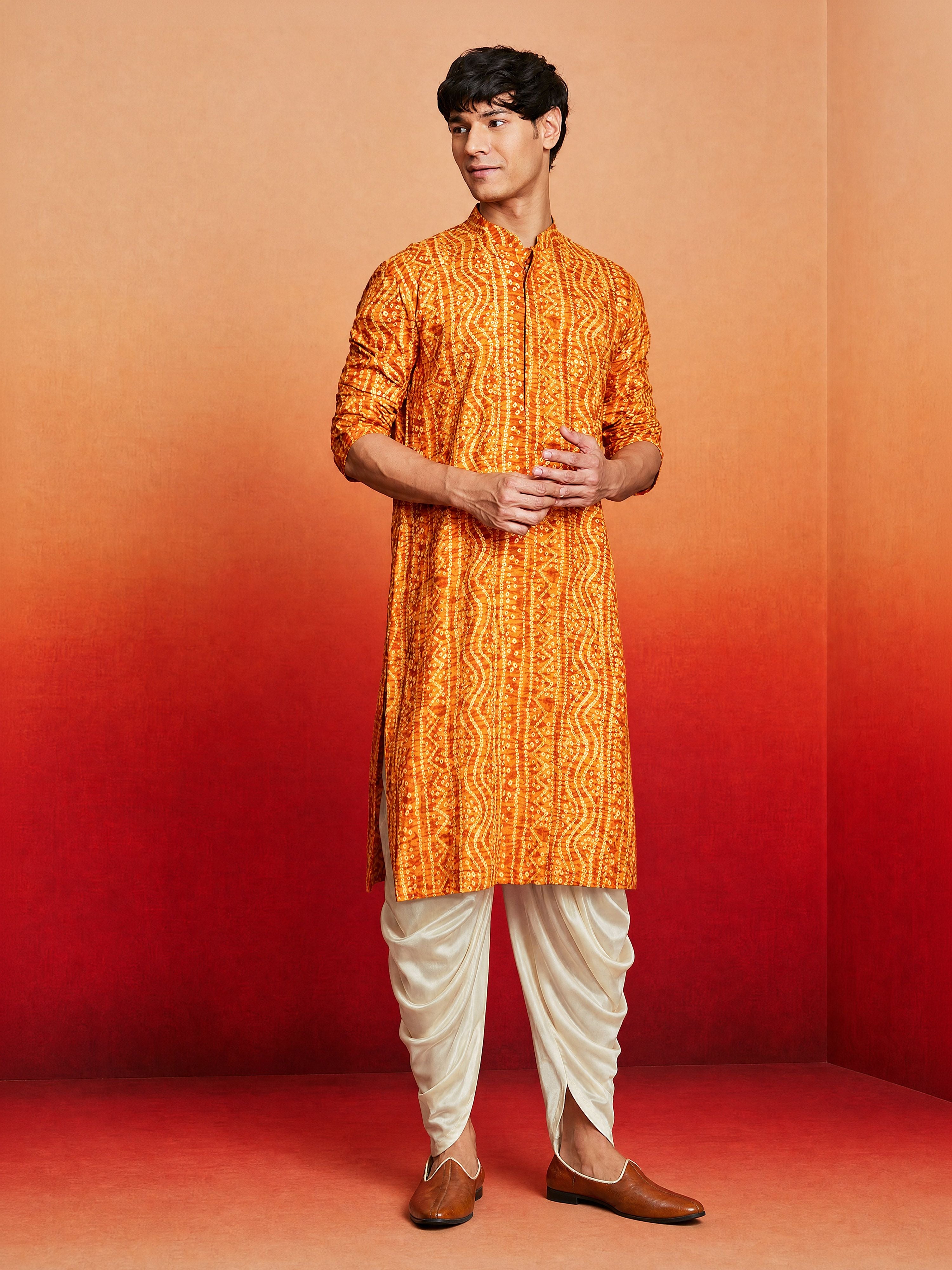 Men's Mustard Rayon Digital Print Knee Length Kurta with Dhoti