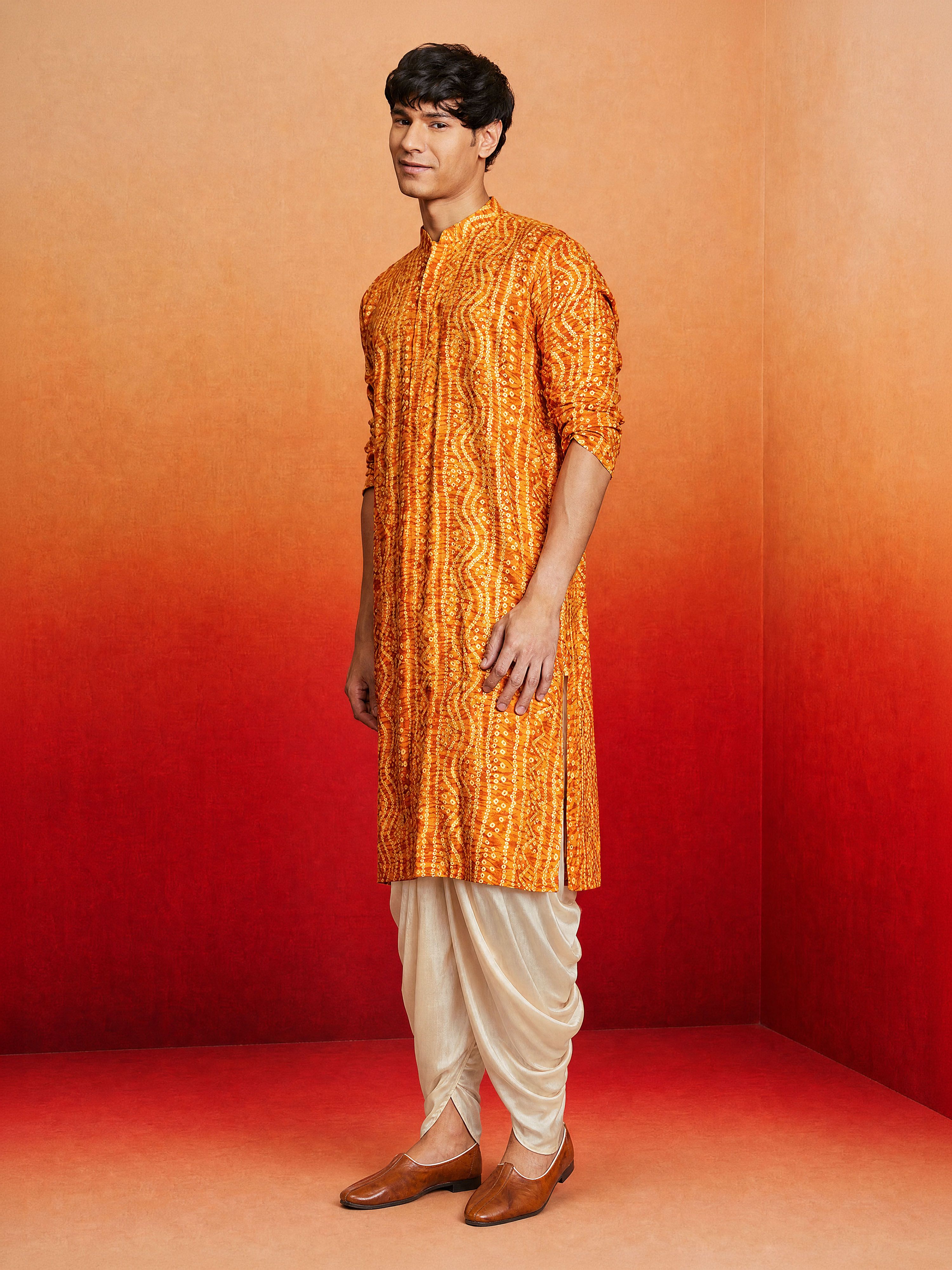 Men's Mustard Rayon Digital Print Knee Length Kurta with Dhoti