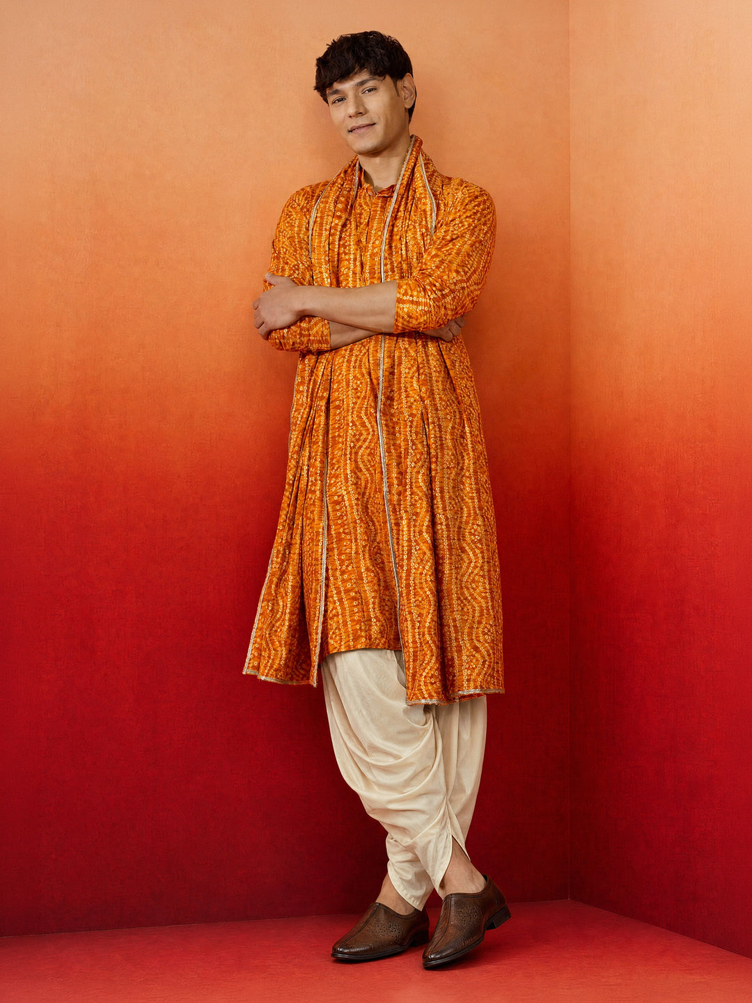Men Mustard Rayon Kurta & Dhoti with Dupatta Festive Ethnic Wear
