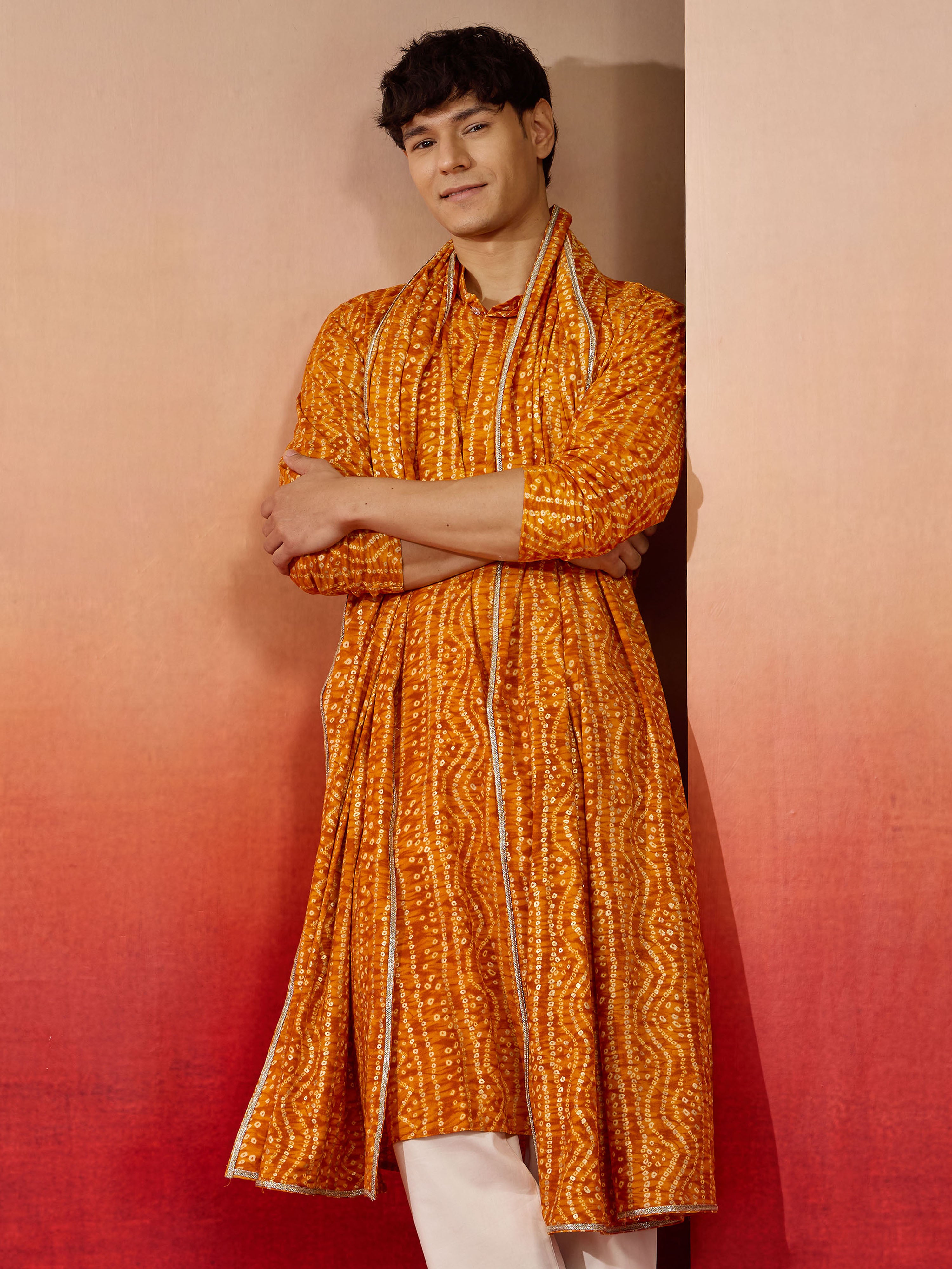 Men's Mustard Bandhani Print Kurta with Matching Mustard Rayon Dupatta Set