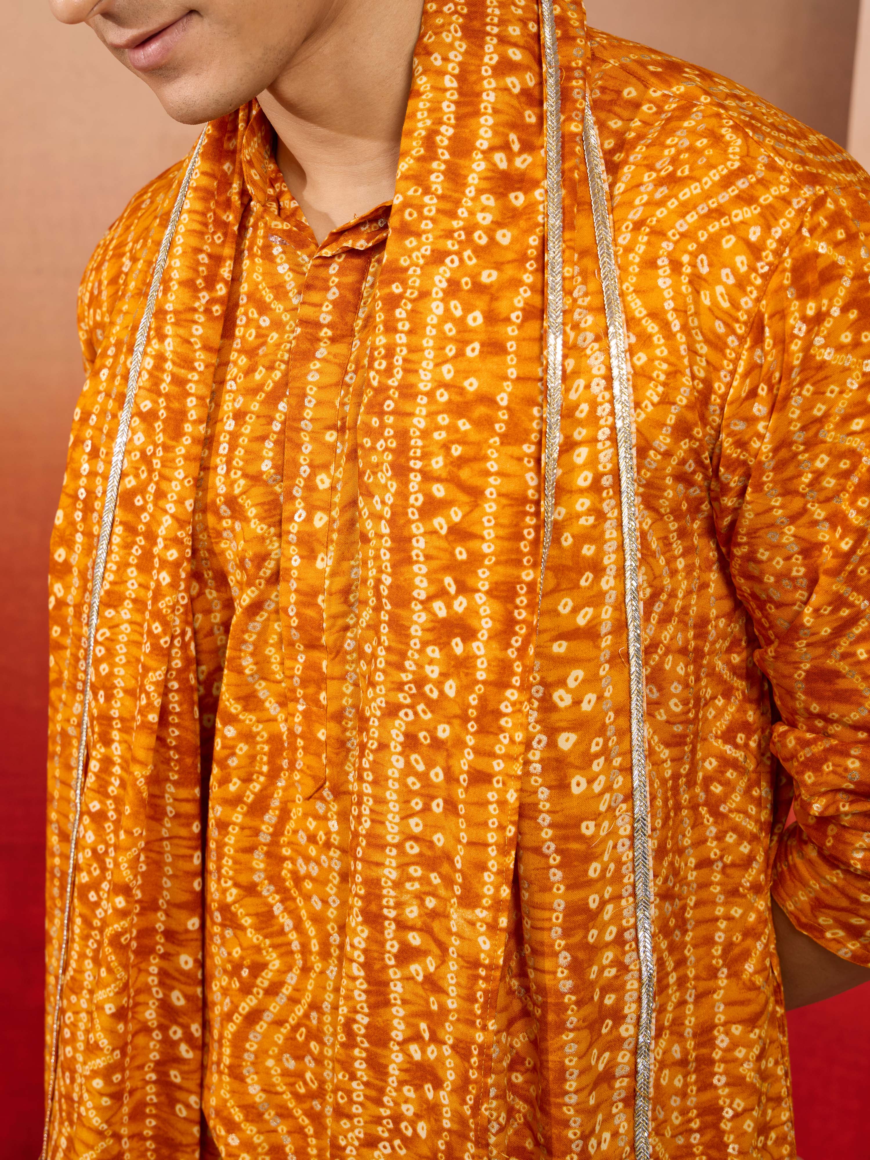 Men's Mustard Bandhani Print Kurta with Matching Mustard Rayon Dupatta Set