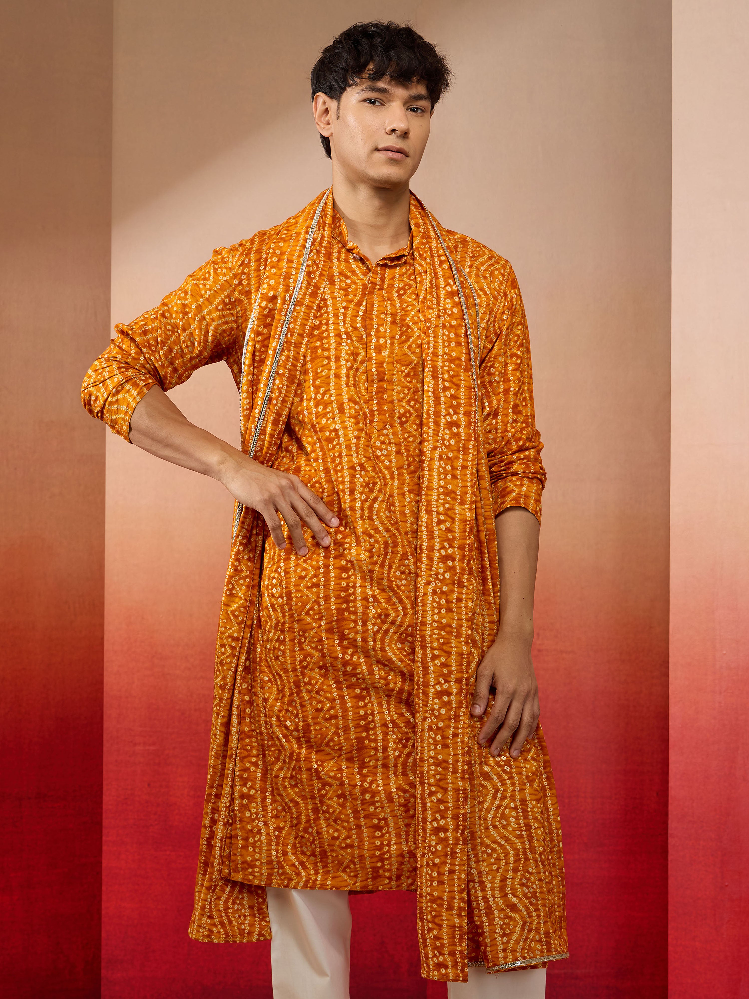 Men's Mustard Bandhani Print Kurta with Matching Mustard Rayon Dupatta Set