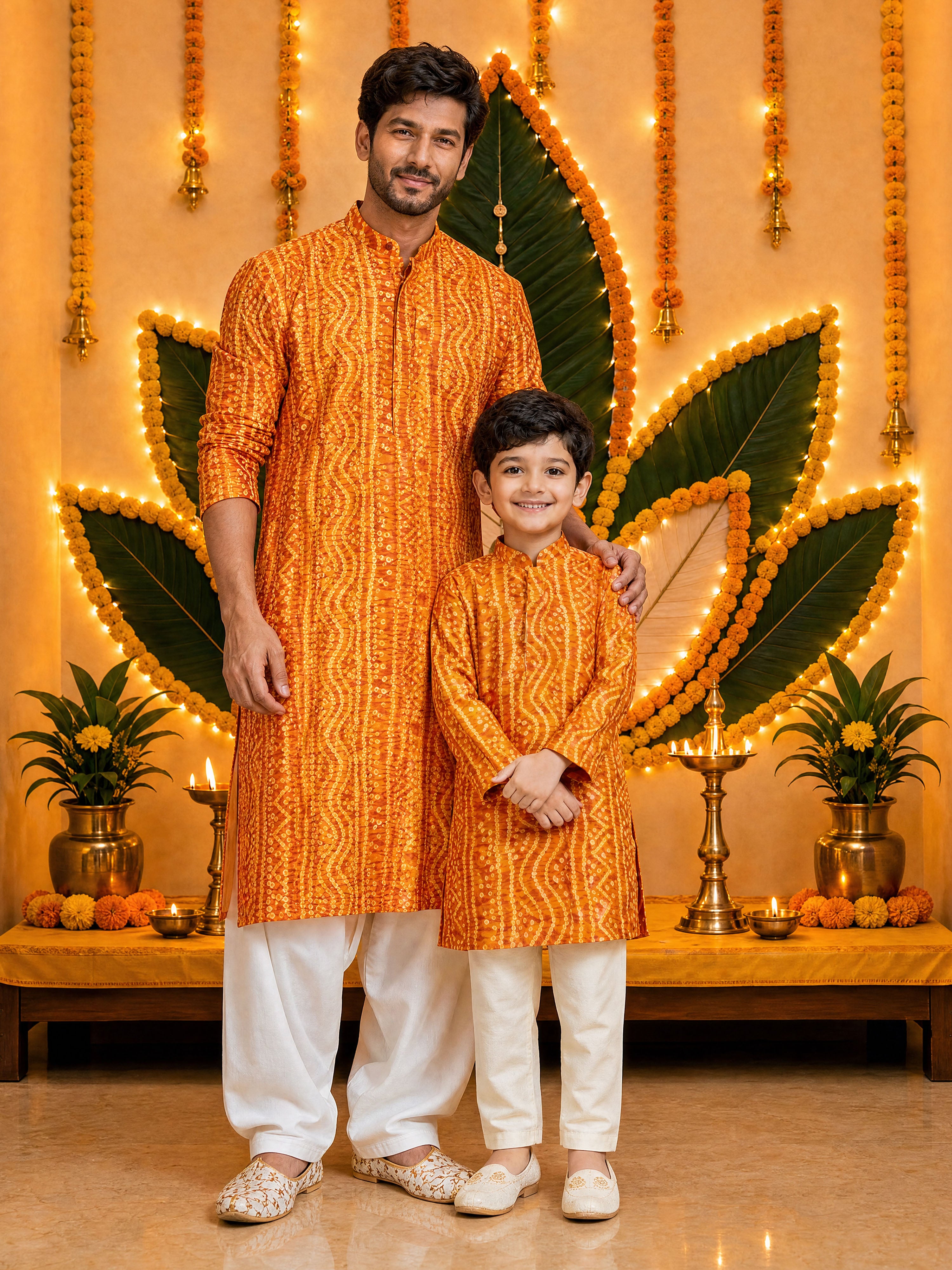 Men's Mustard Bandhni Rayon Kurta & Patiyala Set