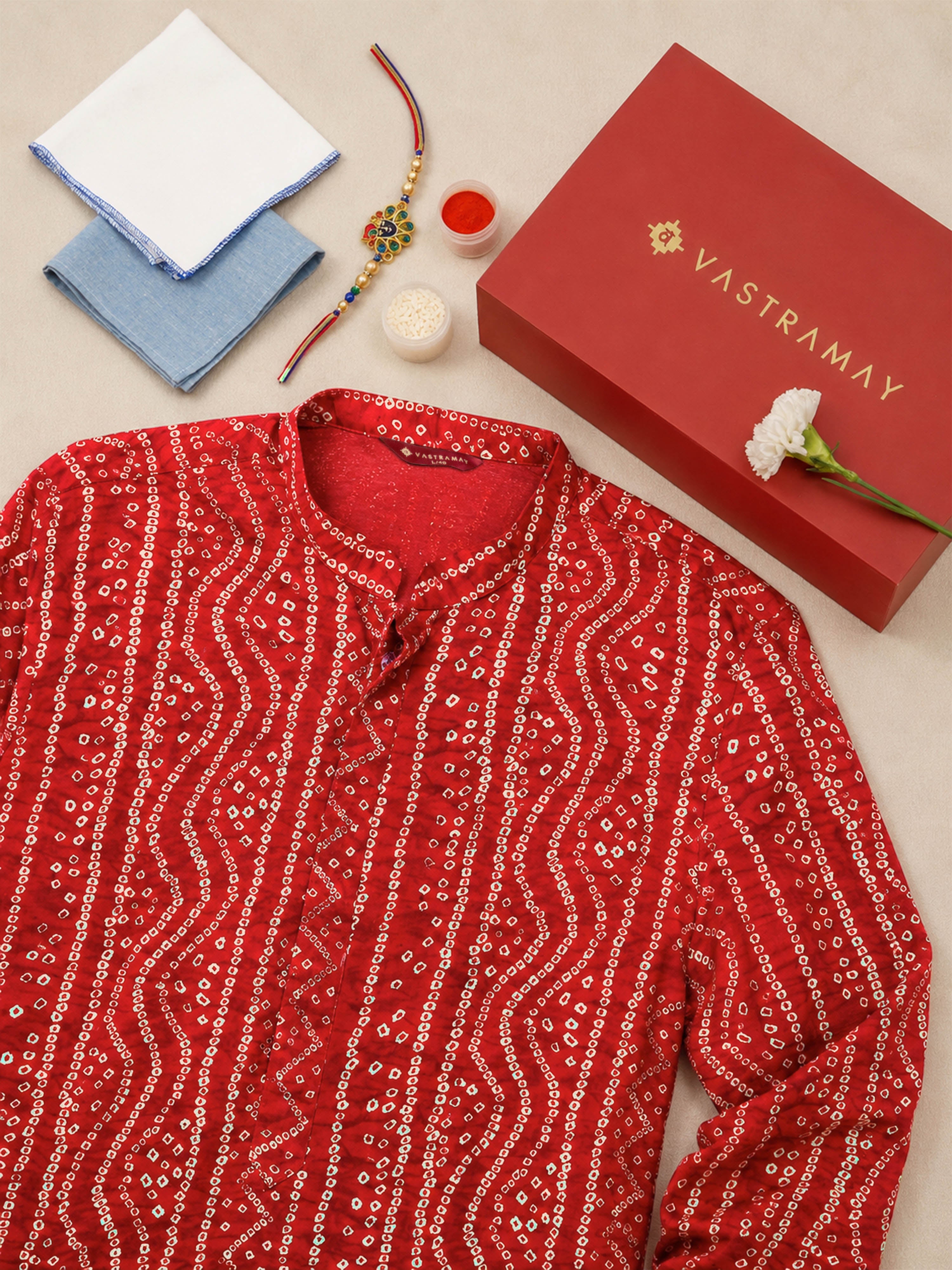 Men's Red Bandhni Rayon Kurta & Pyjama Rakhi Gift Box for Brother | Premium Gift Box