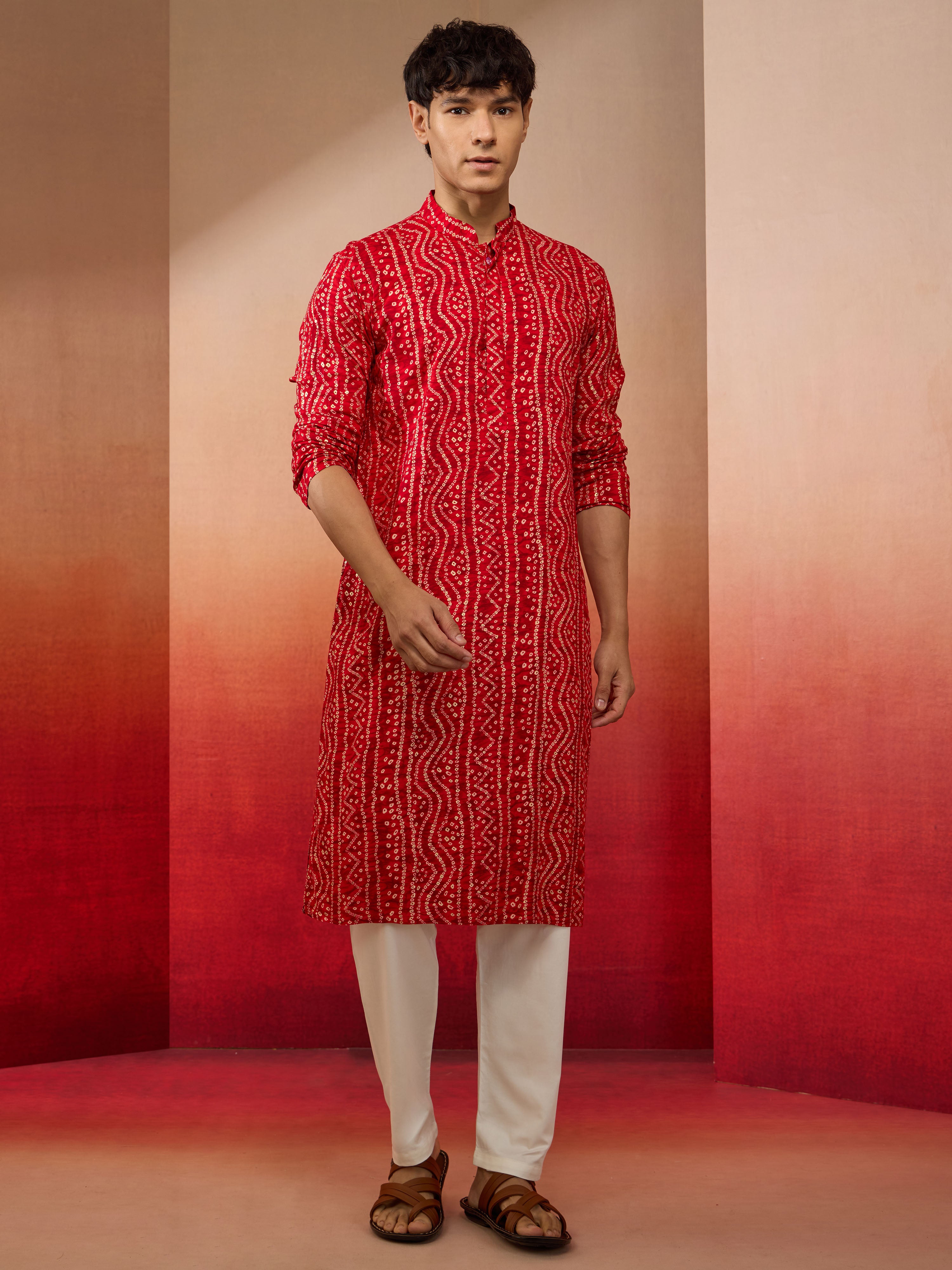 Men's Red Bandhni Rayon Kurta & Pyjama Rakhi Gift Box for Brother | Premium Gift Box