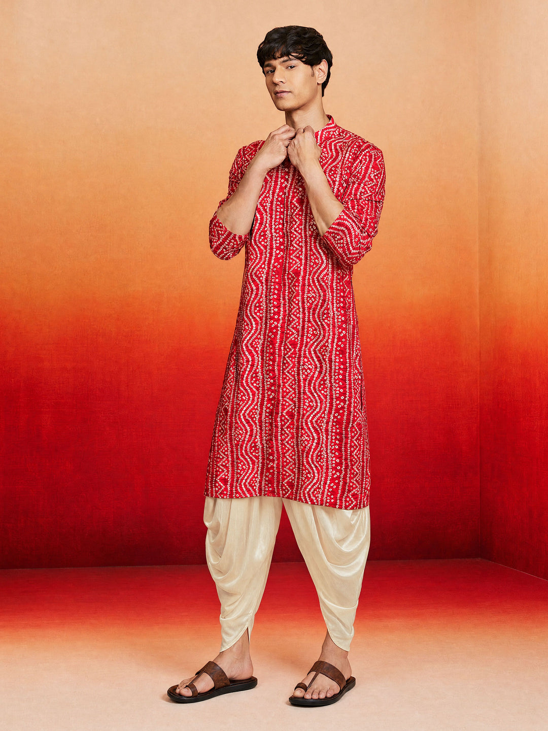 Men Red Rayon Kurta with Dhoti Casual, Summer / Casual, Wedding, Diwali, Holi collection, Festive, Festive Glitz, Navratri, Janmastami, Raksha Bandhan Ethnic Wear