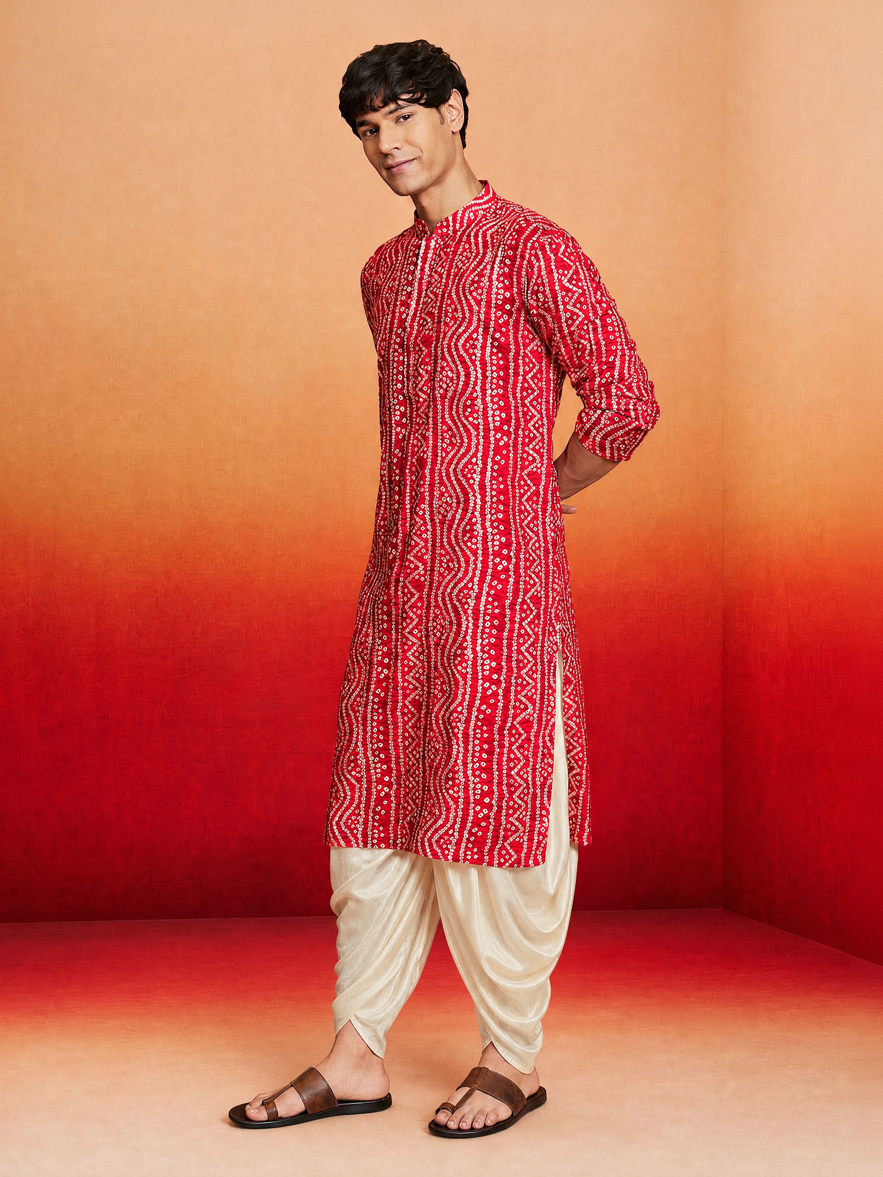 Men's Red Rayon Digital Print Knee Length Kurta with Dhoti
