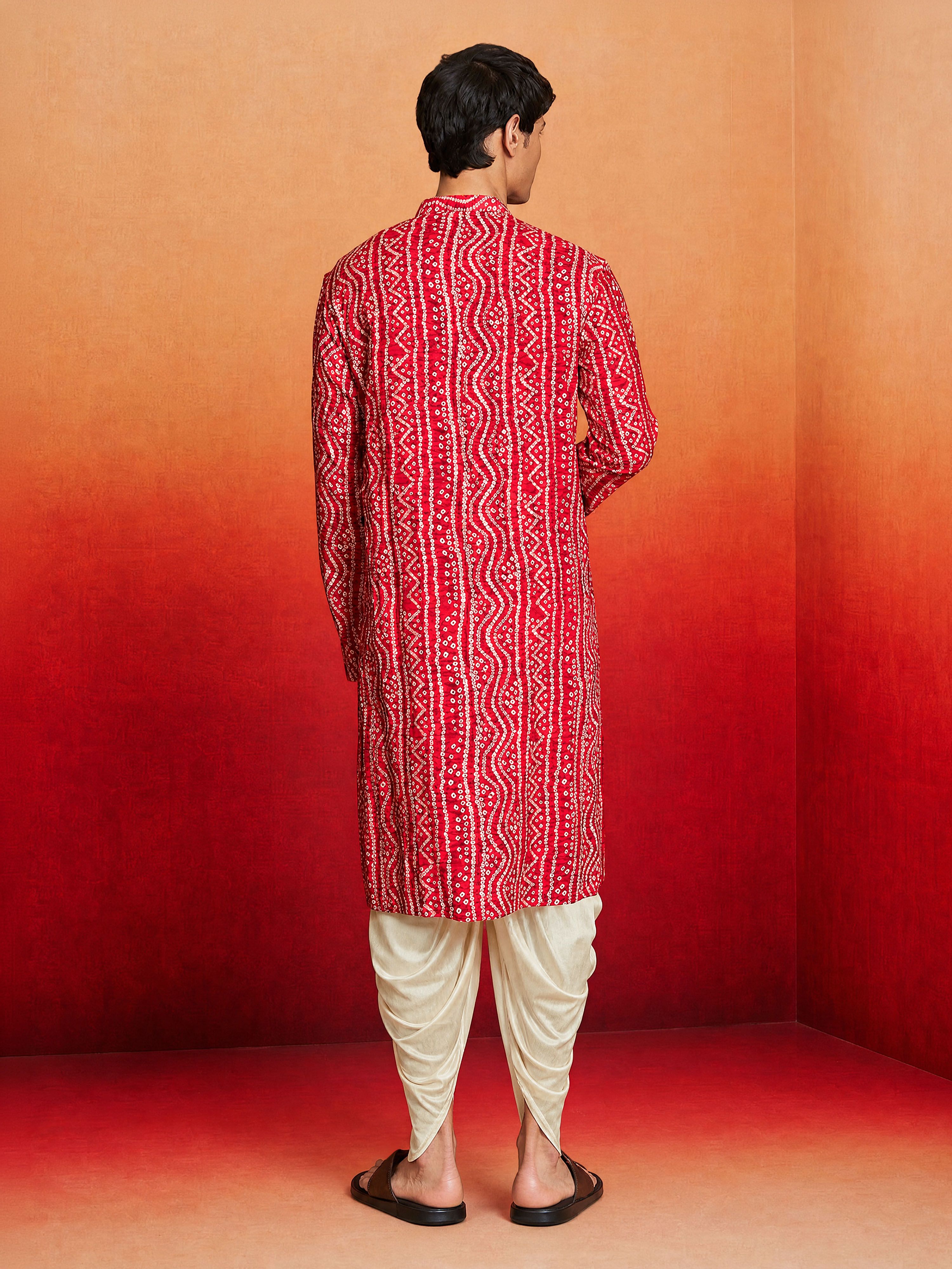 Men's Red Rayon Digital Print Knee Length Kurta with Dhoti
