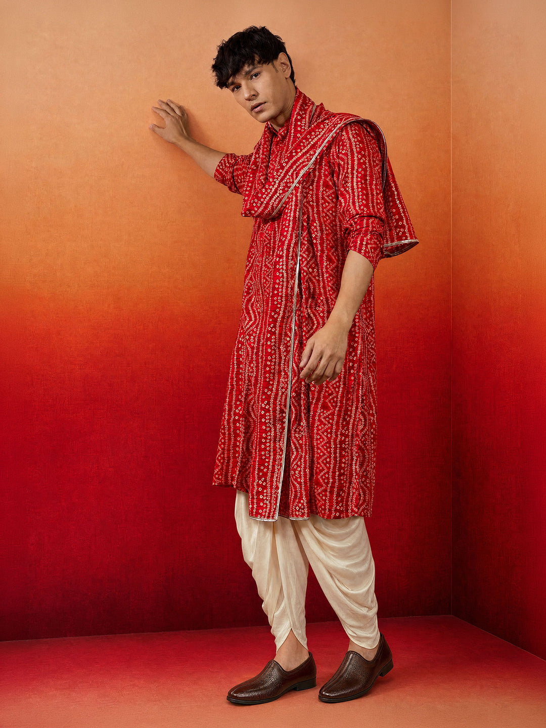 Men Red Rayon Kurta & Dhoti with Dupatta Festive Ethnic Wear