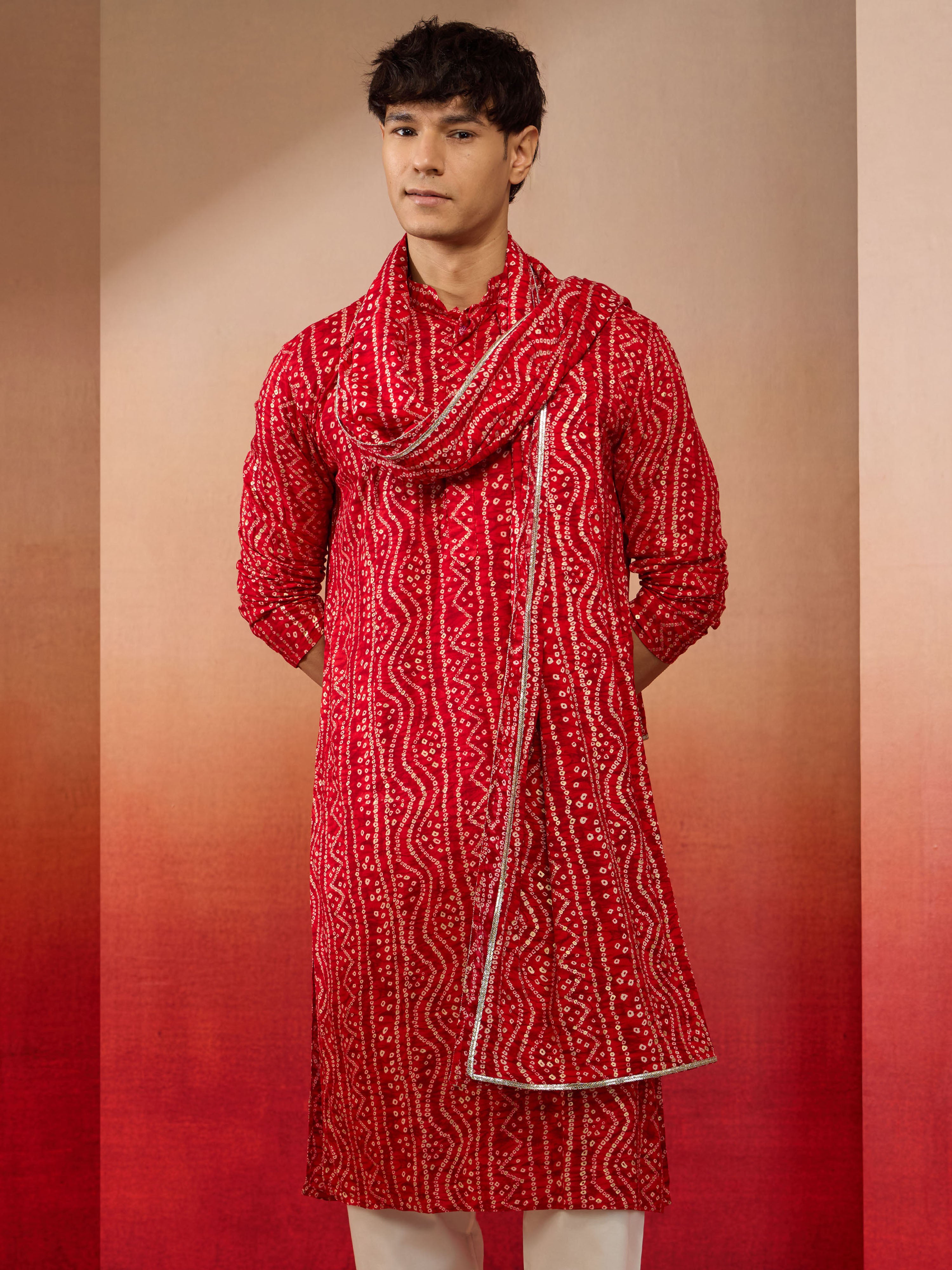 Men's Red Bandhani Print Kurta with Matching Red Rayon Dupatta Set