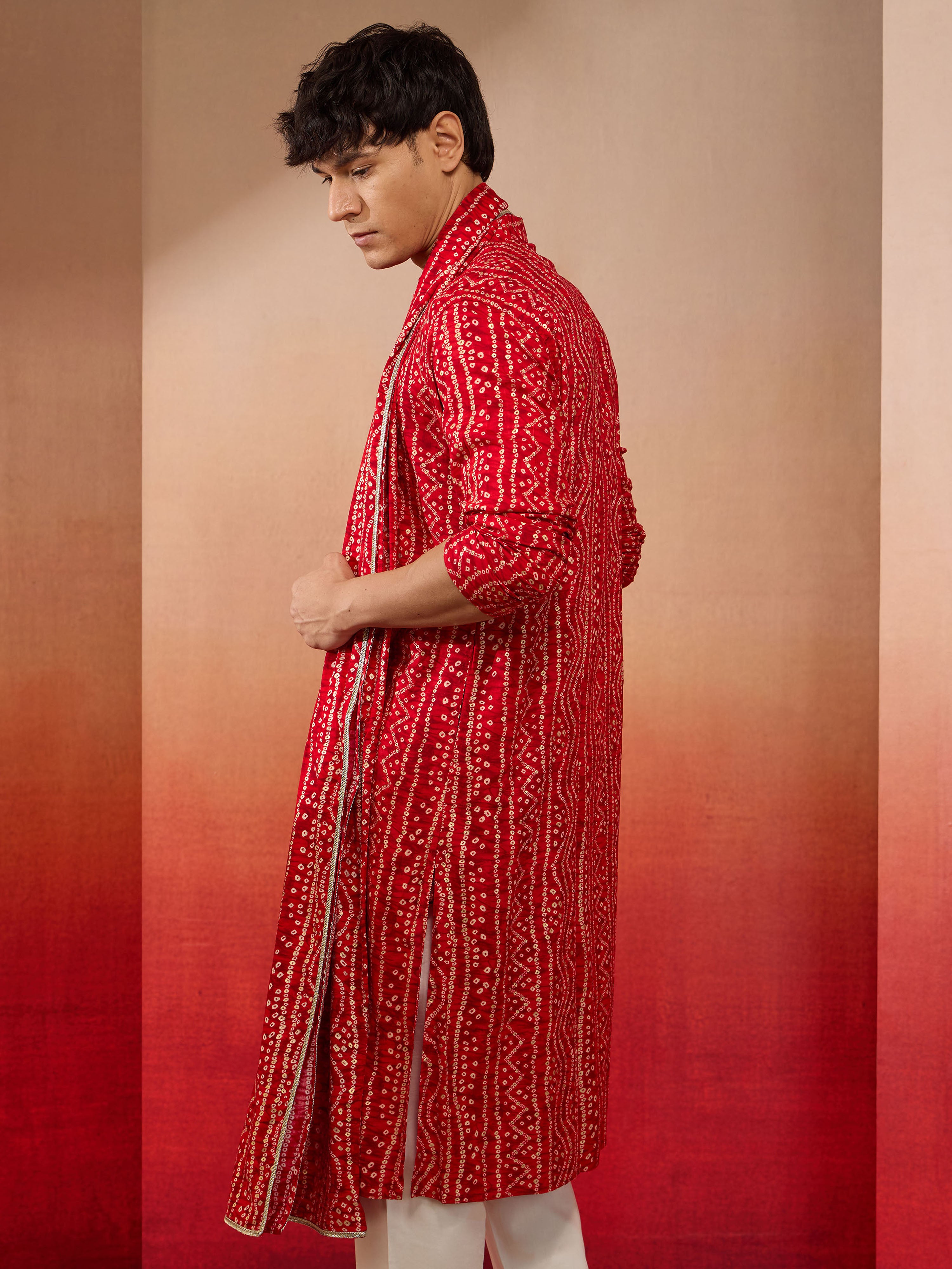 Men's Red Bandhani Print Kurta with Matching Red Rayon Dupatta Set