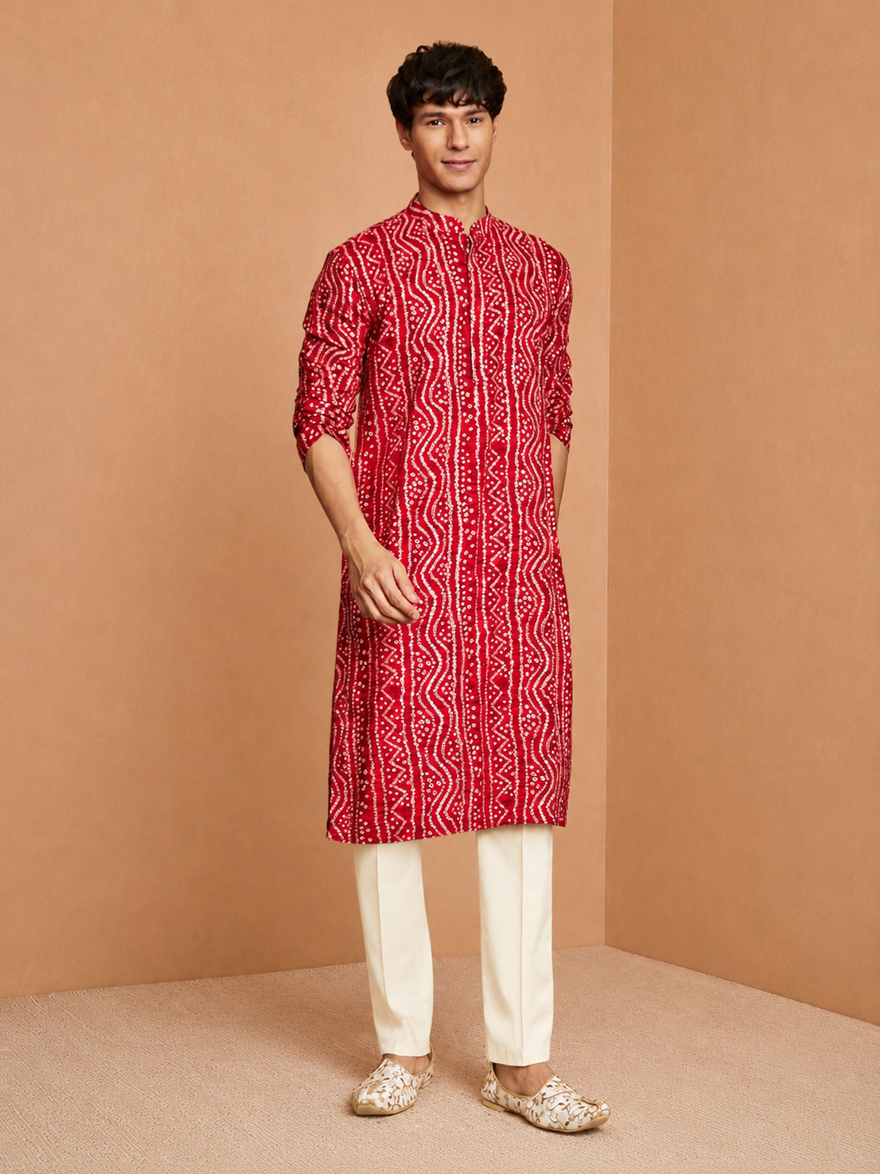 Men's Red Rayon Bandhni Knee Length Kurta with Wide Leg Pant