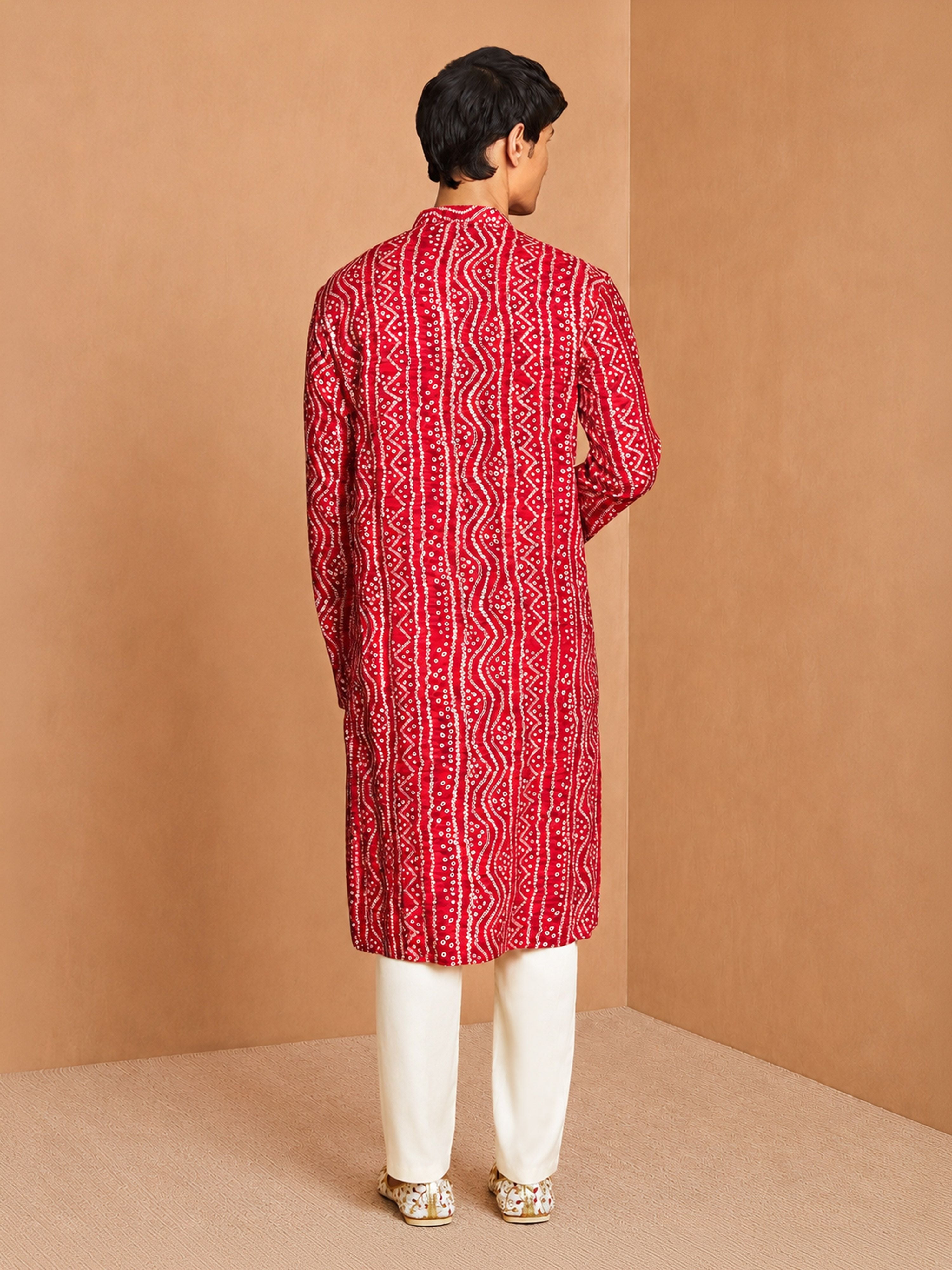 Men's Red Rayon Bandhni Knee Length Kurta with Wide Leg Pant