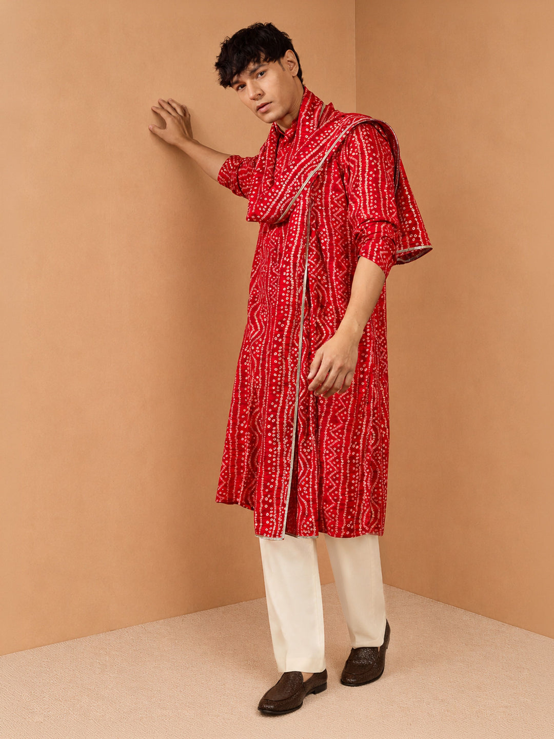 Men Red Rayon Kurta &amp; Palazzo Pant with Dupatta Festive, Diwali Ethnic Wear