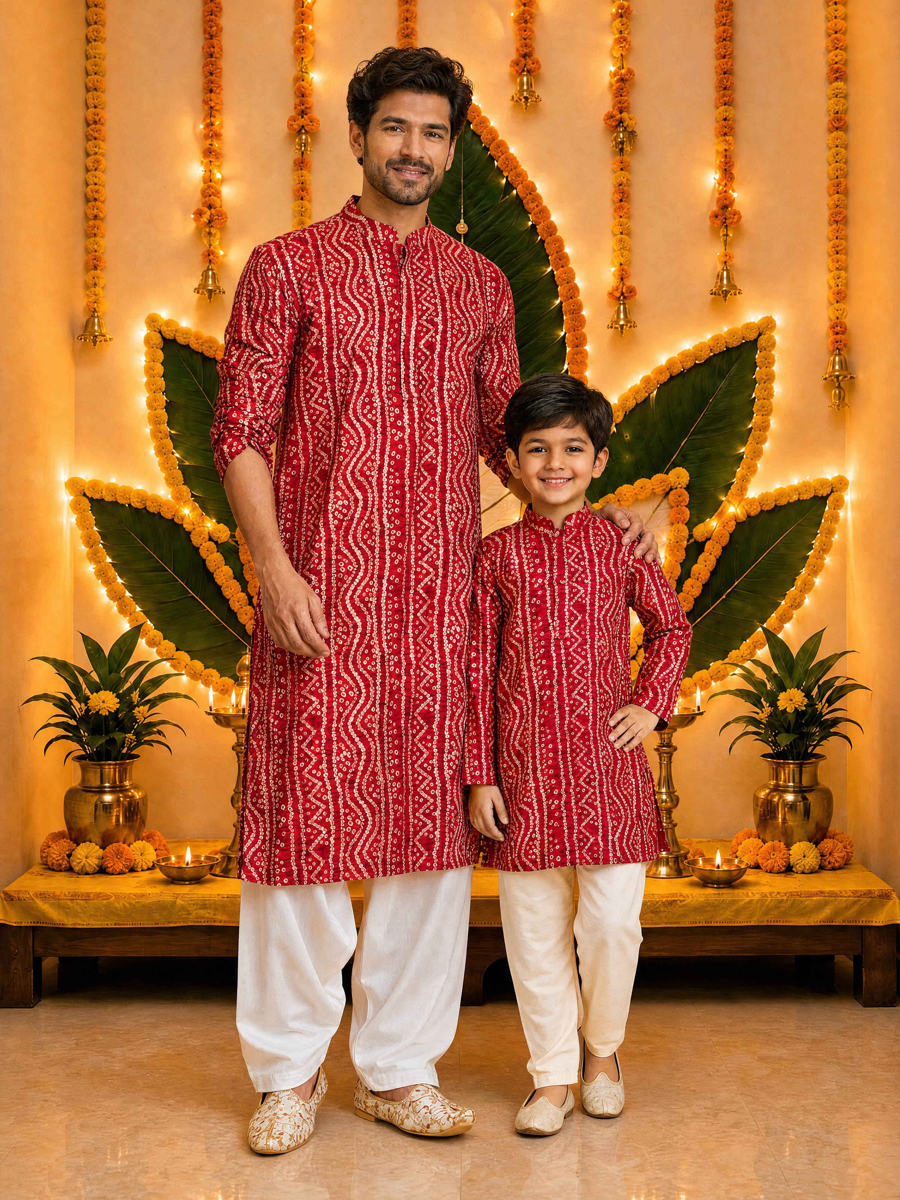 Boys Maroon Rayon Bandhani Kurta Pyjama Set
