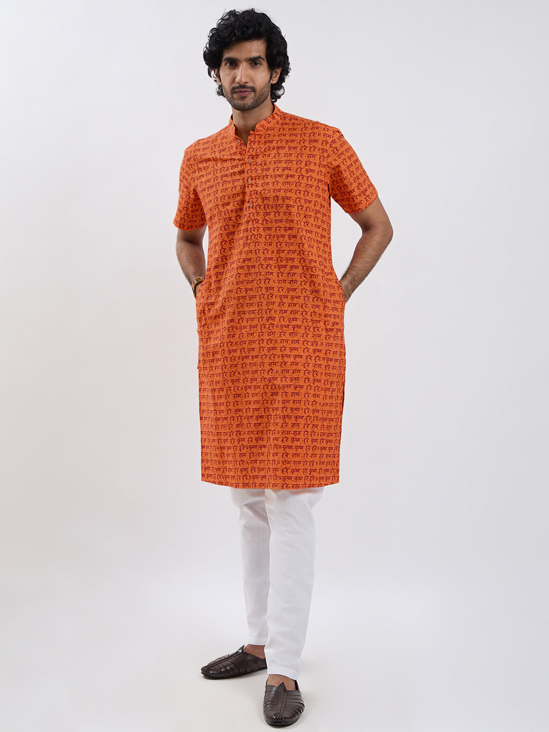 Men's Orange Cotton Kurta And Pyjama Set