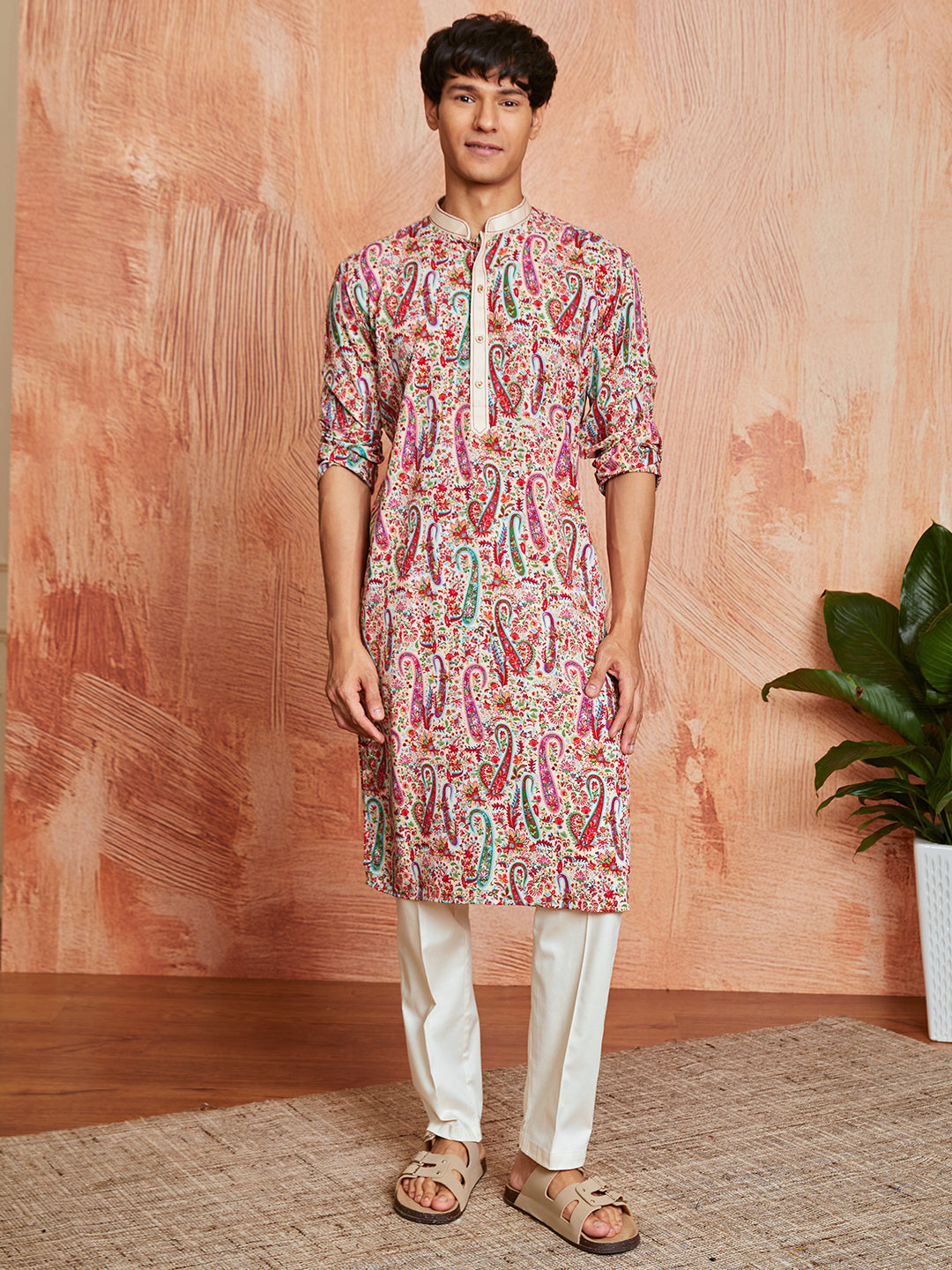 Men's Cream Crepe Kurta And Pyjama Set